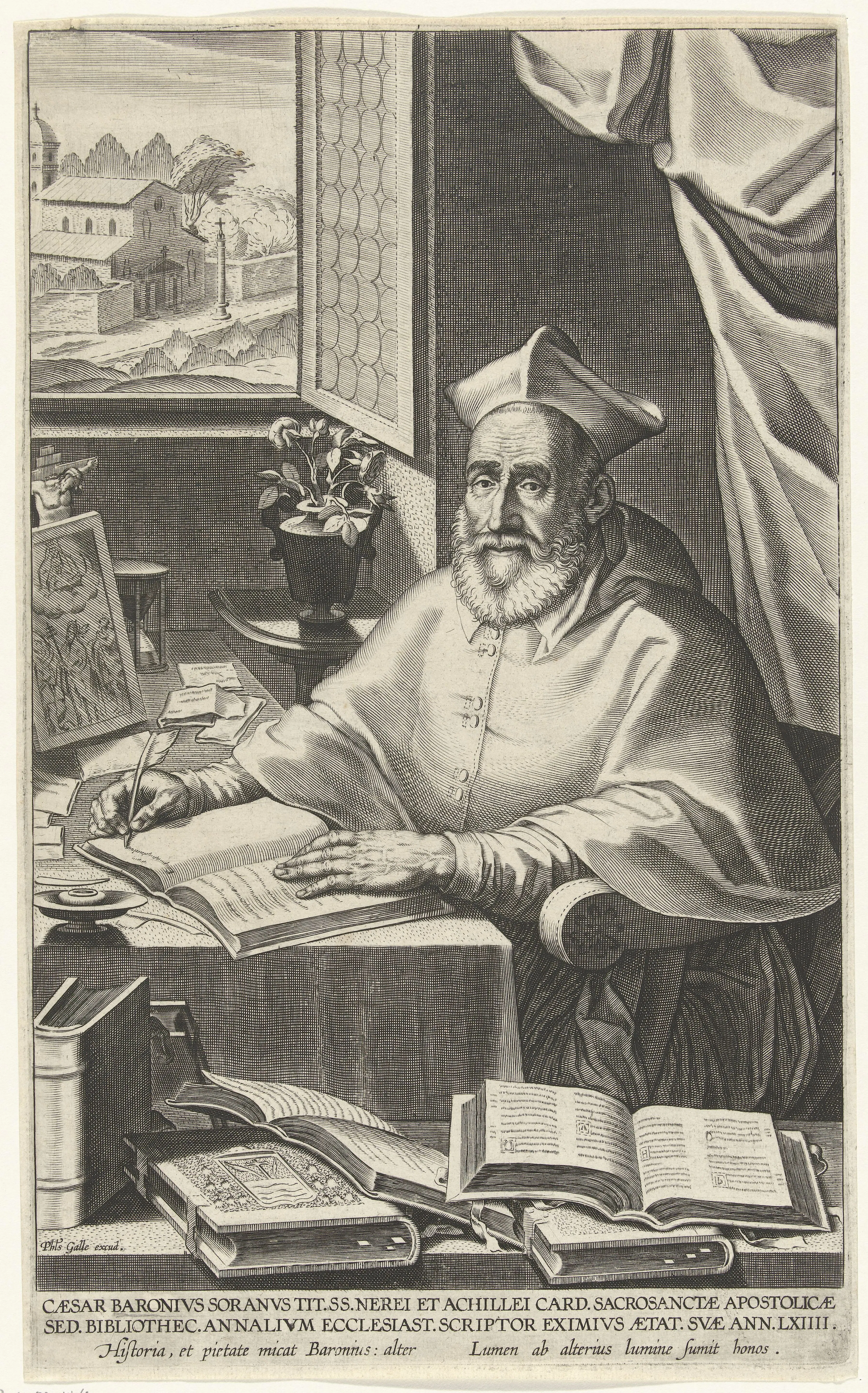 An engraved portrait of Cesare Baronio, the cardinal-annalist, seated at a desk among folio volumes in the visual idiom of Counter-Reformation erudition. Launoy's year-600 test draws its force from precisely this kind of authority, even as he turns Baronius's standard for early testimony into a weapon against late medieval claims.