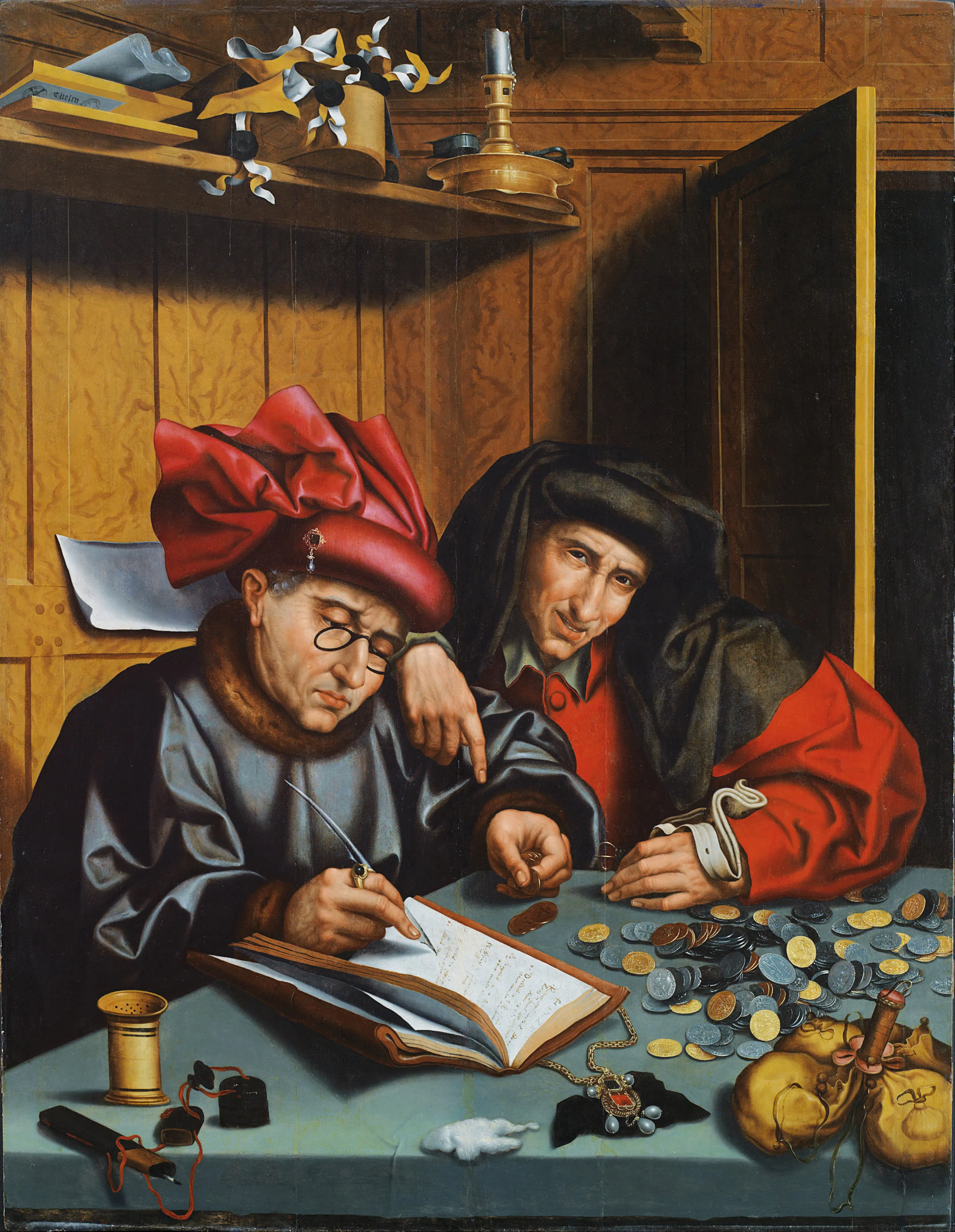 In this follower of Marinus van Reymerswaele’s Money Changers, coins are handled, counted, and entered into a ledger under a second figure’s wary gaze. Its moralizing fascination with reckoning makes a sharp visual analogue for Budé’s double move here: using the tools of monetary comparison to measure—and indict—the surplus wealth of clergy against the poverty of Christ.