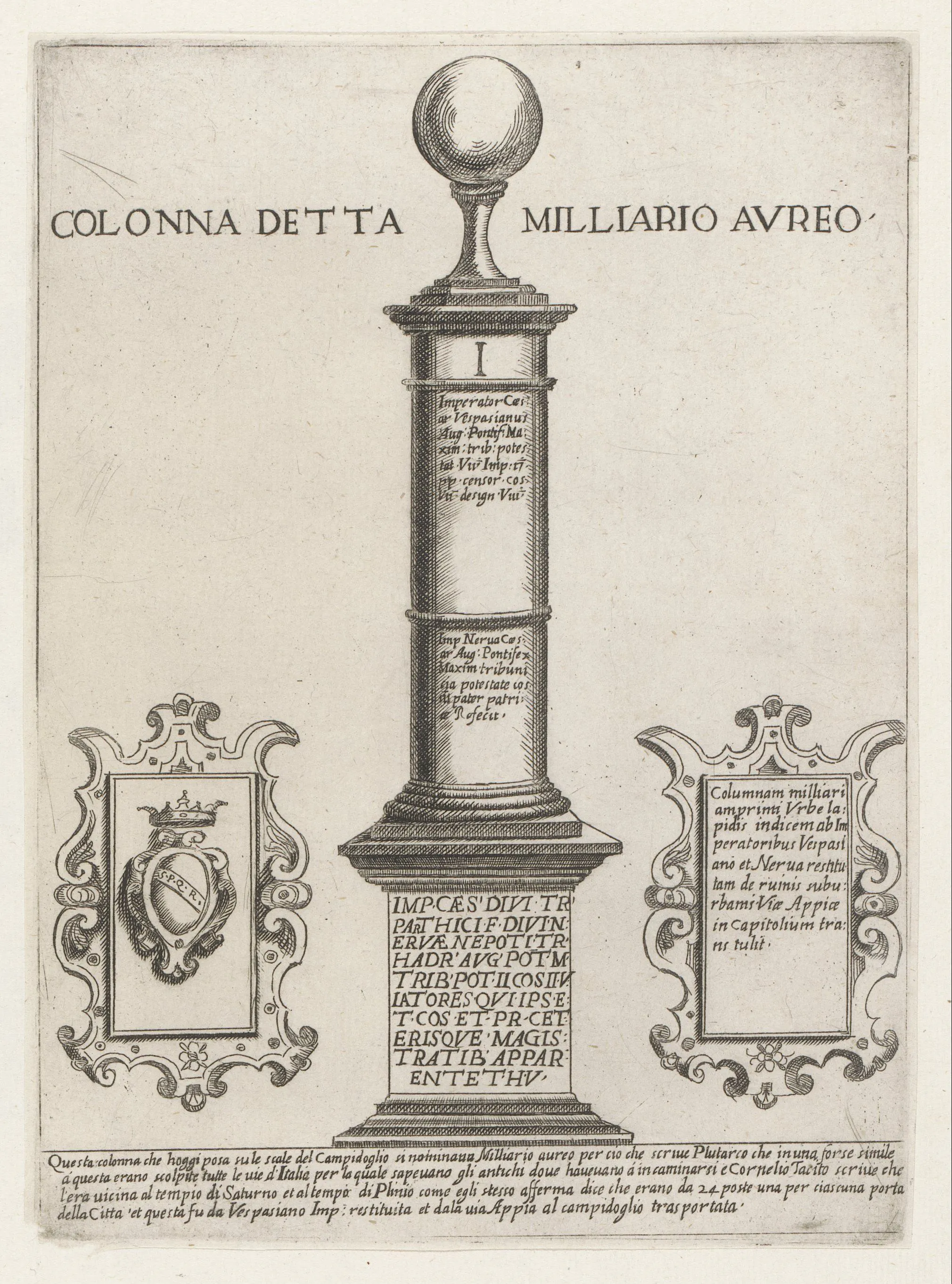Giovanni Maggi's etching of 1651 presents the Milliarium Aureum as an inscribed column within an antiquarian frame, with printed Italian and Latin commentary set around the monument.