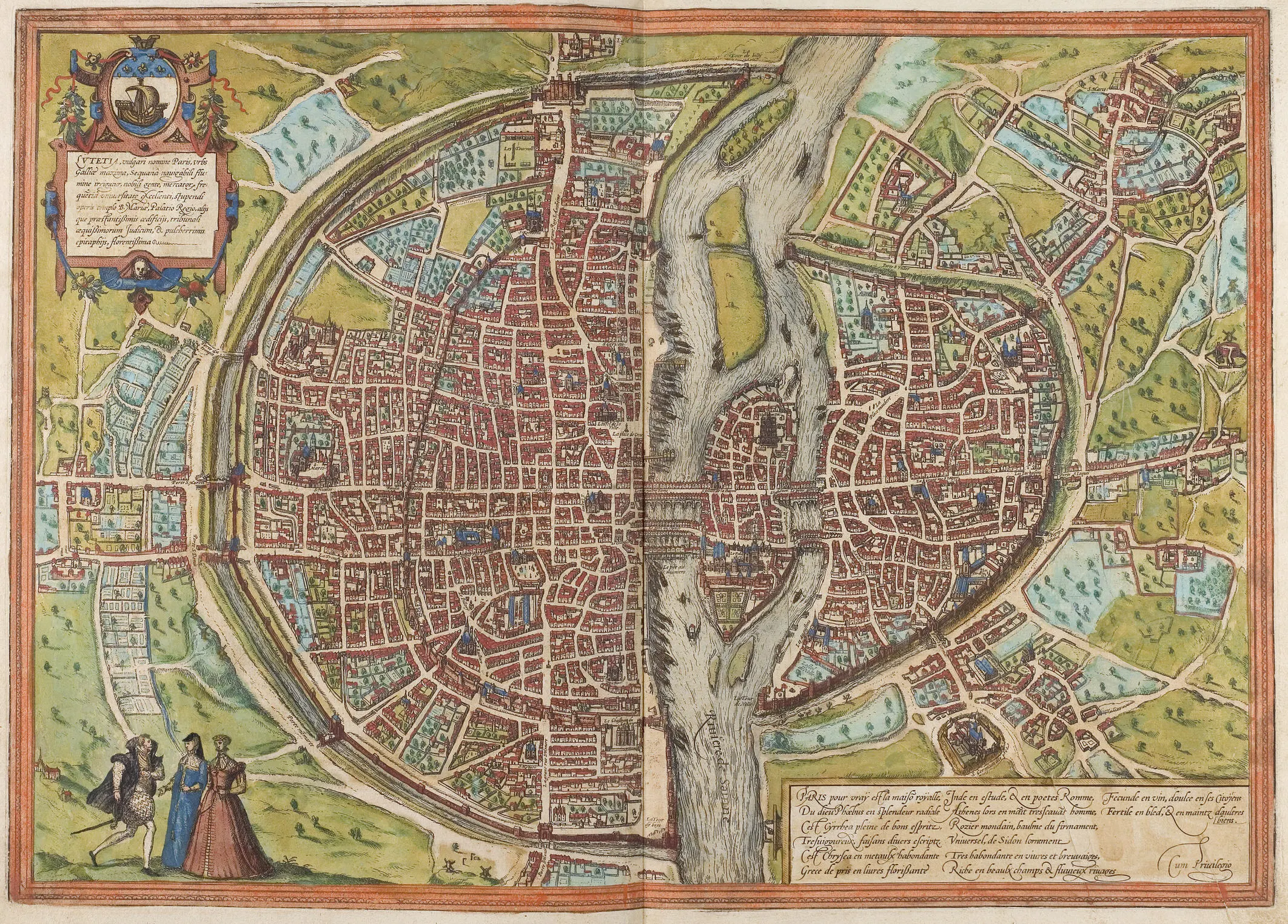 Braun and Hogenberg’s bird’s-eye view presents Paris as a compact city of courts, markets, bridges, and learned institutions—the urban setting whose everyday weights and reckonings helped Budé test ancient monetary figures. Against such a commercially dense backdrop, his correction of corrupted Roman census thresholds looks less like antiquarian guesswork than a Parisian audit of numbers gone wrong.