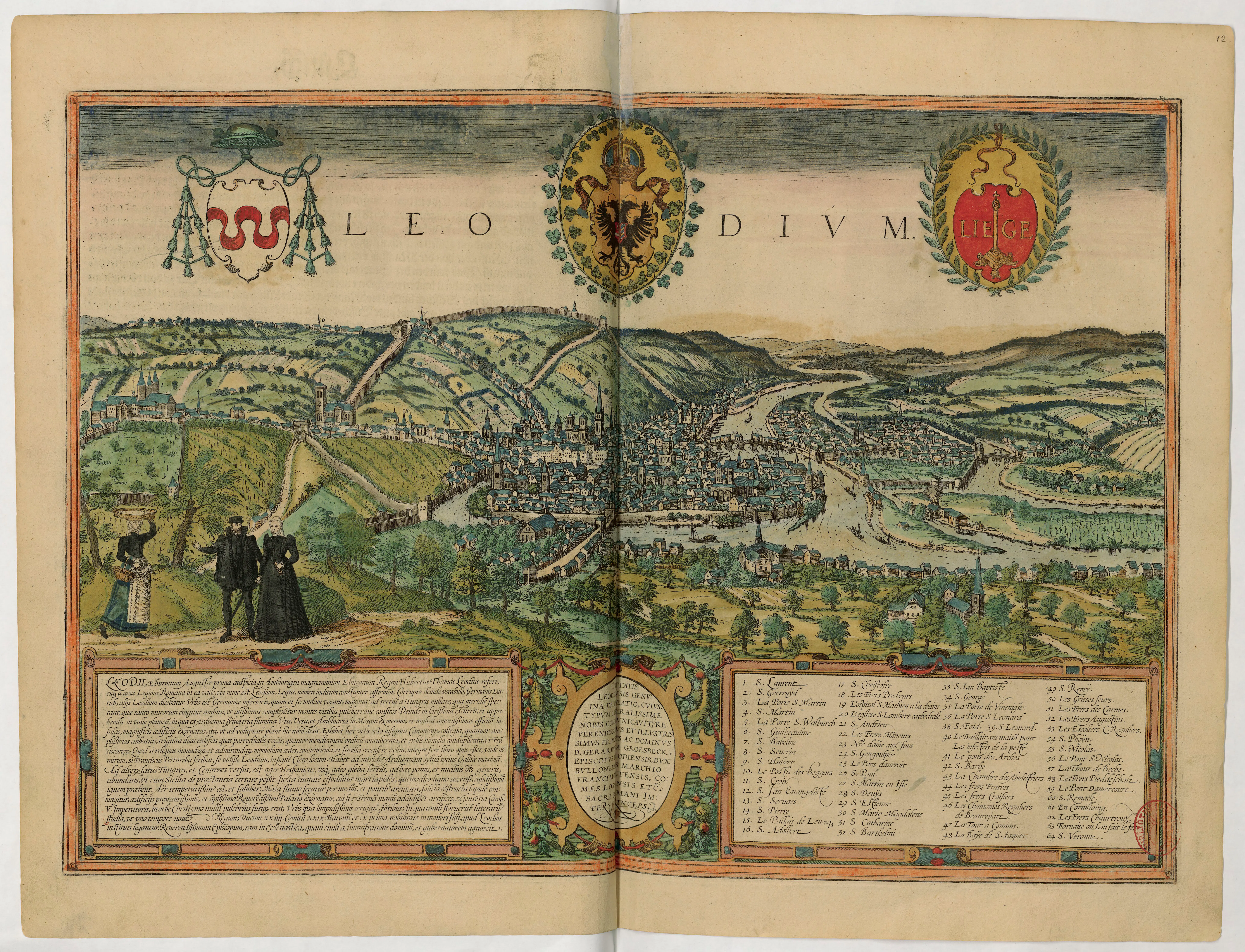 In this Braun and Hogenberg city view of Liège, the dense episcopal city is framed by heraldic cartouches, including the prince-bishop's arms at upper left.