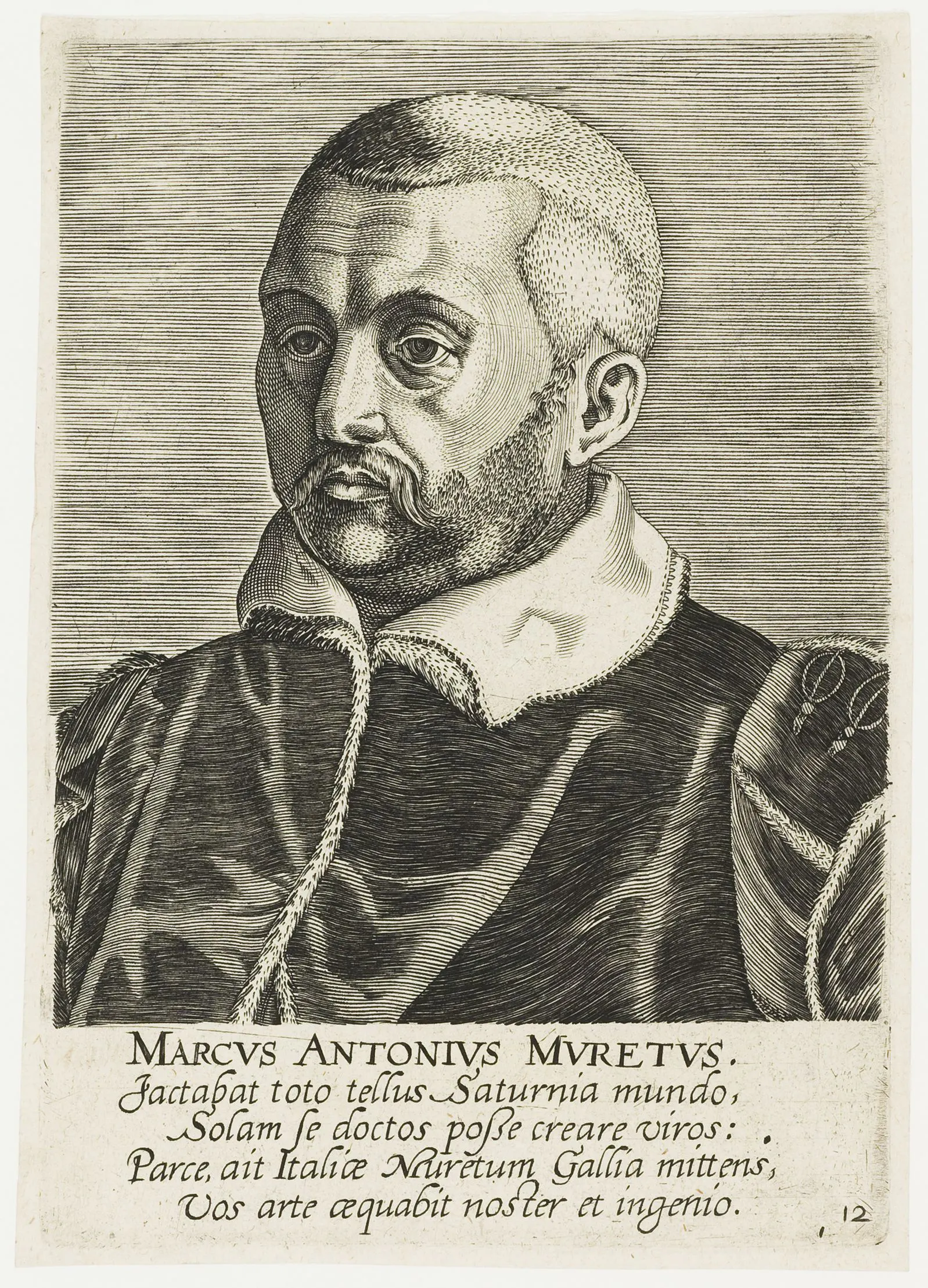 An engraved portrait of Marc-Antoine de Muret, the senior humanist at the centre of the volume’s circle of authority: Reusner’s commendatory verse places him first among the scholars whose company Modius enters, and Modius sends him at Rome the dispute over the rank of Silius Italicus.