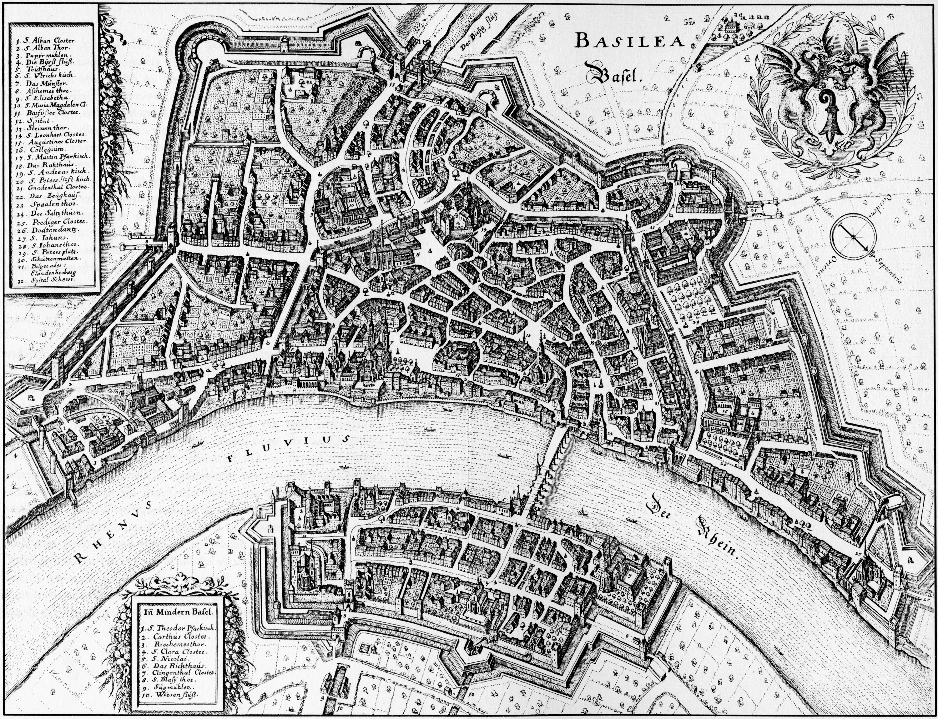 Merian's 1642 view of Basel offers a later image of the Rhine city whose presses gave Johann Weyer's *De praestigiis daemonum* its first form in 1563 and sustained its subsequent recensions. The compact fortified cityscape anchors the Oporinus imprint not as incidental publication data but as part of the learned humanist milieu in which Weyer's Neo-Latin polemic was framed.
