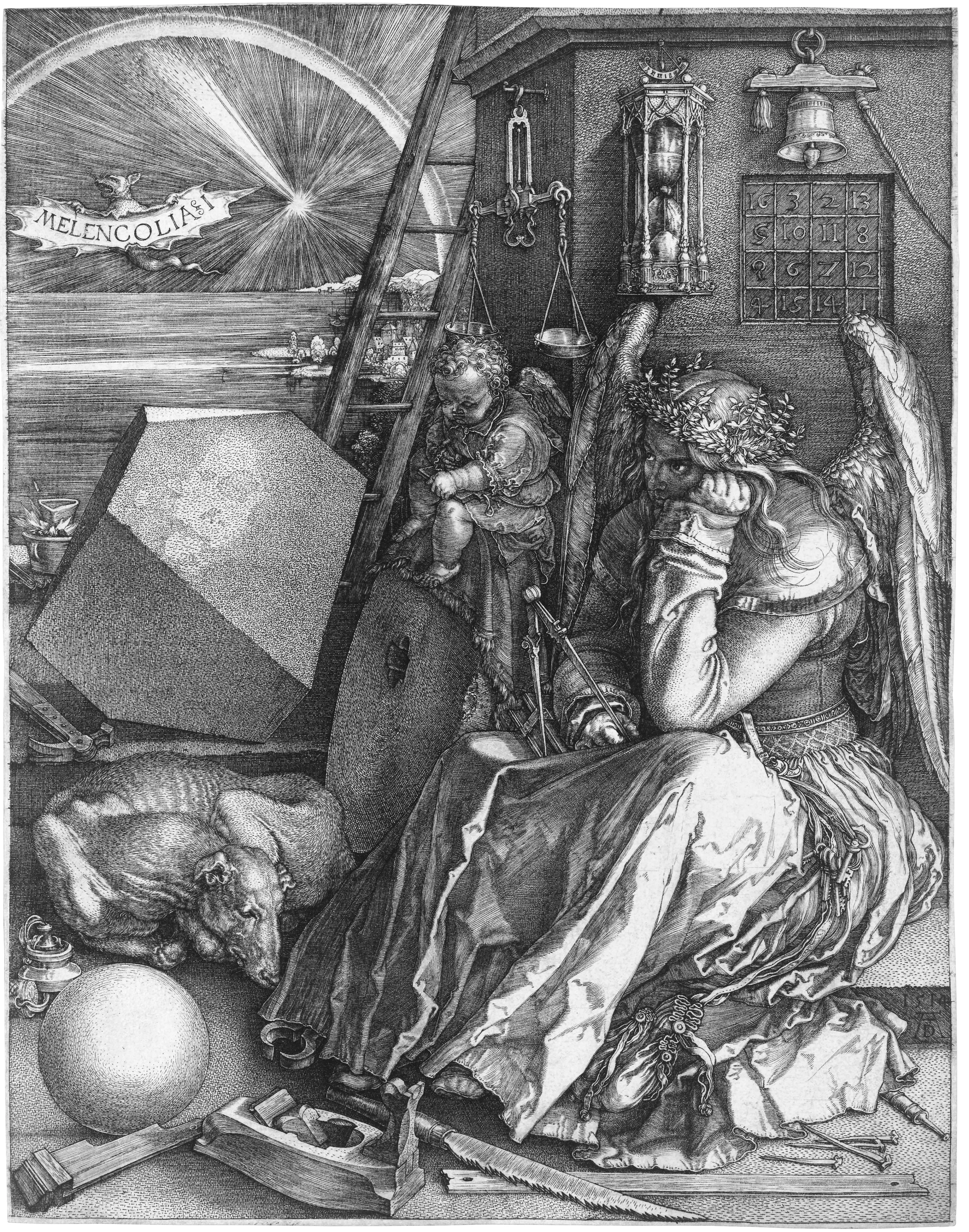 Dürer's Melencolia I turns learned discipline into an image of paralysis: the winged thinker sits amid compass, scale, polyhedron, and magic square.