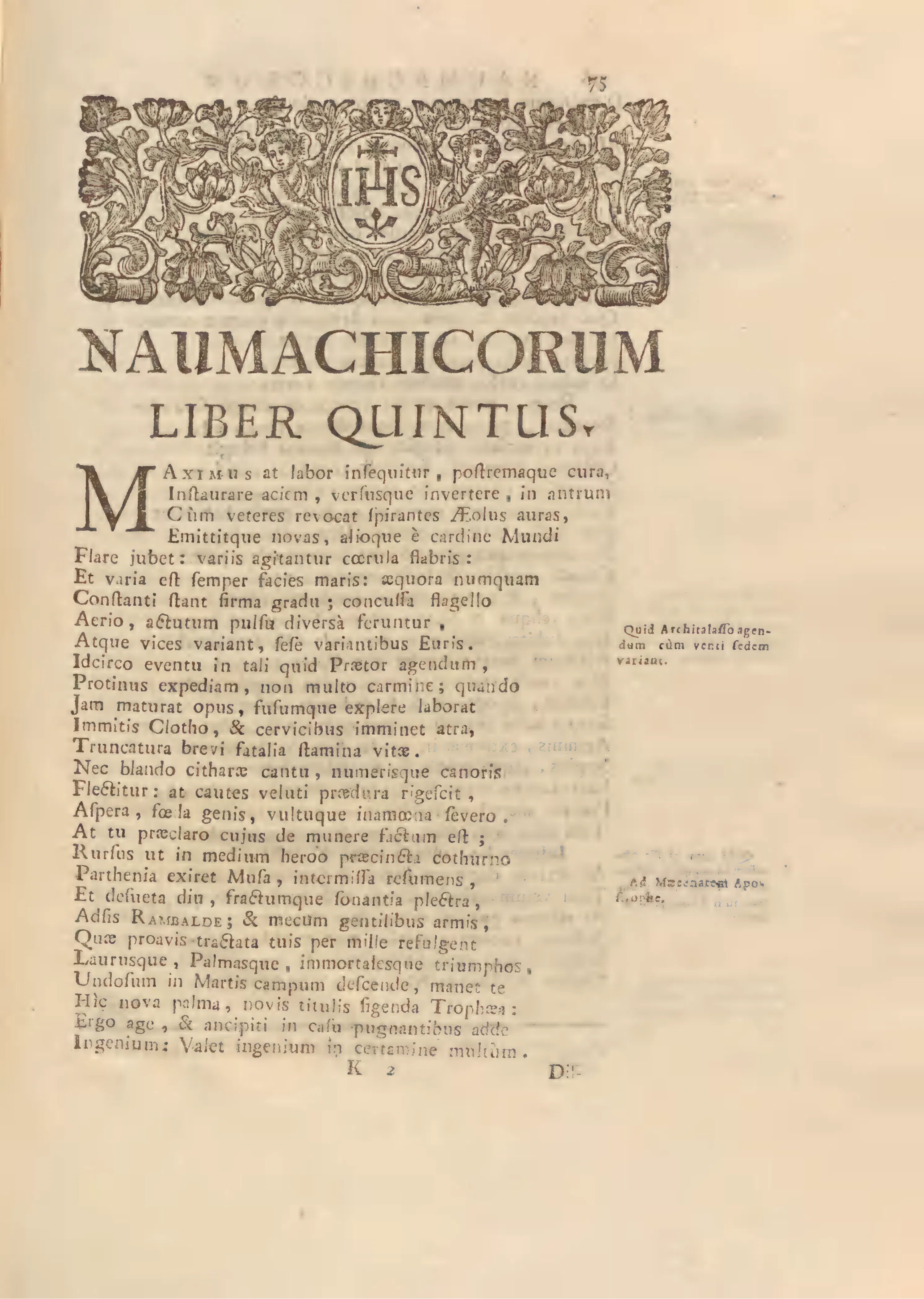 At the threshold of Book V, a Jesuit IHS headpiece and a printed marginal rubric on shifting winds frame the poem's double register: hexameter instruction glossed by prose. The appeal to Clotho and the apostrophe to Rambaldo compress mortality, measured haste, and patronage into a single page.