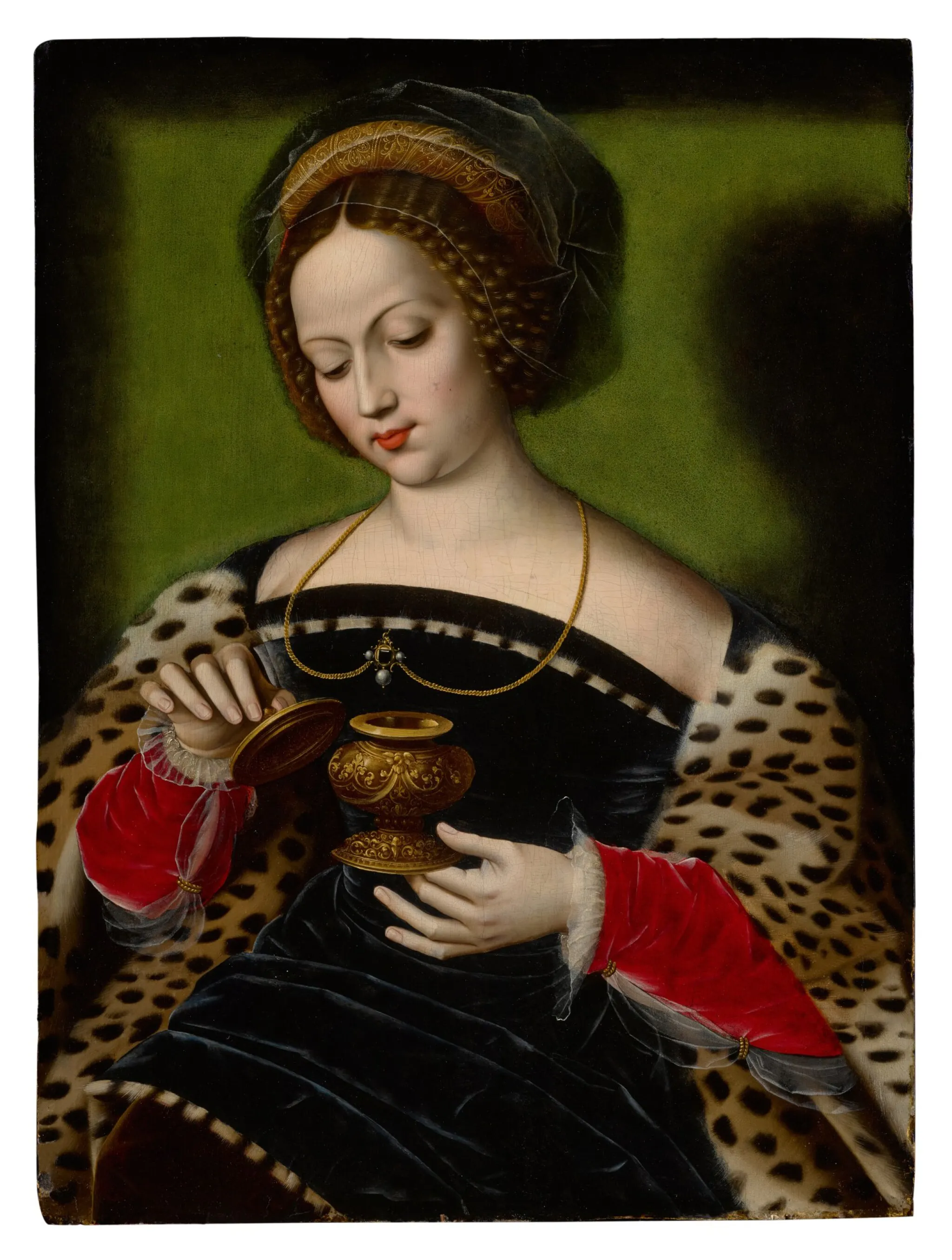 Ambrosius Benson's Mary Magdalene presents the saint by her most portable attribute, the lidded ointment jar cradled in her hands. For Launoy's argument, that familiar myrophore image gives visual force to the Eastern epithet *vnguentifera*—the "ointment-bearer"—by which Modestus and Photius anchor Magdalene's memory in the Ephesian rather than the Provençal tradition.