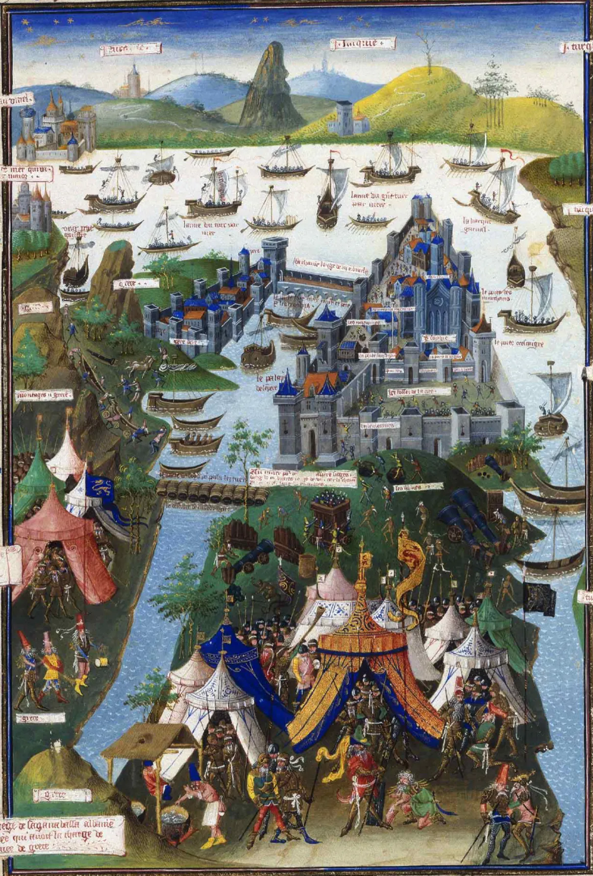 Jean Le Tavernier's illumination of the 1453 siege depicts the catastrophe Rocca later recast as a history of sound: church bells diverted from worship to bombards. In that confessional reading, the fall of the city explains both the silencing of bells under Ottoman rule and the Greek Christians' holy iron.