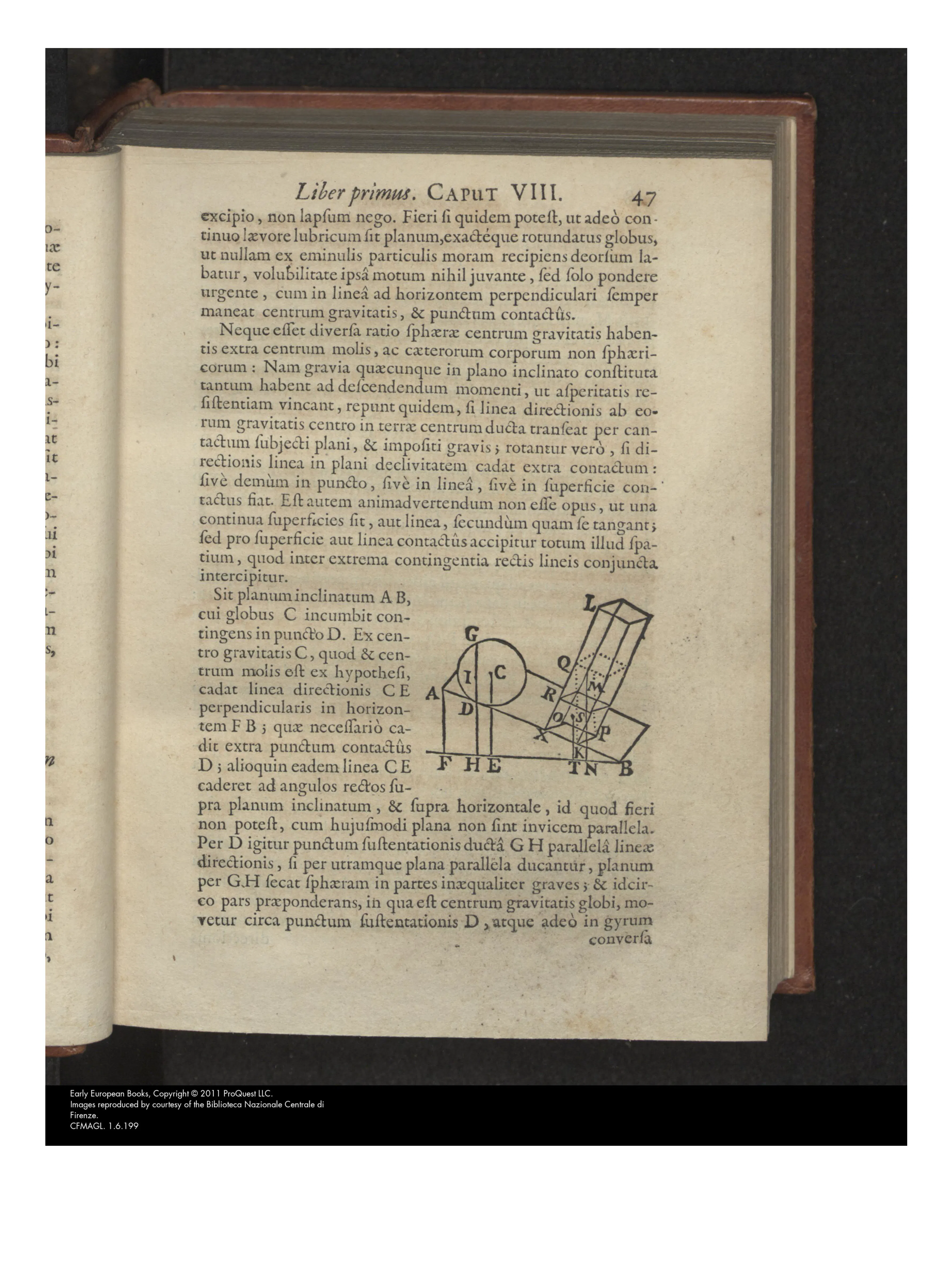 On this page Casati turns the *linea directionis* into a working test of stability: the woodcut sphere on an inclined plane maps where the line of direction falls relative to the contact point, while the adjacent tower section applies the same geometry to an architectural body. The movement from diagrammatic mechanics to measured leaning towers anticipates the disciplined treatment of evidence that governs his cosmological and historical examples.