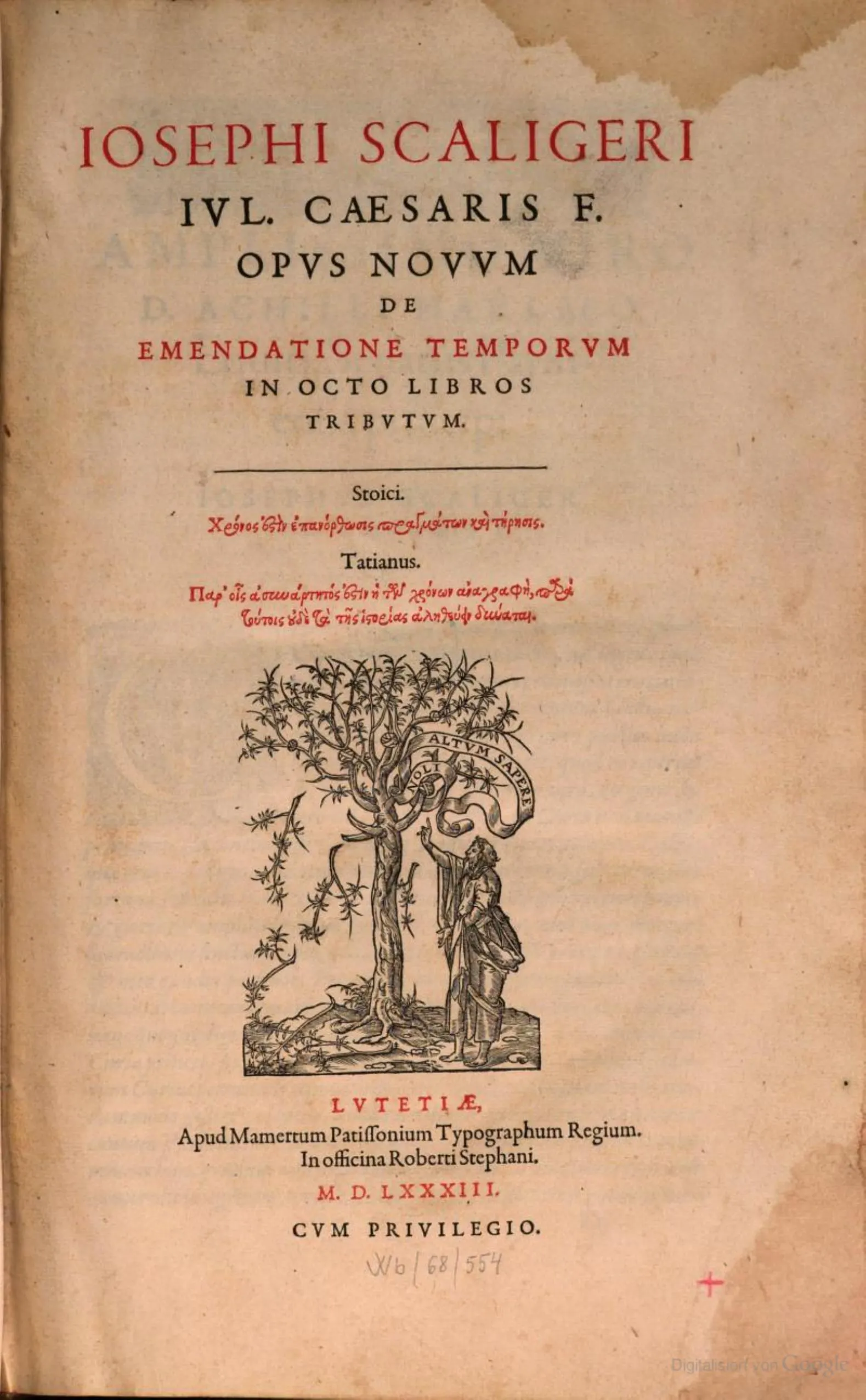 Title page of De emendatione temporum (1583), Scaliger's treatise on the correction of historical time. Baudius places that labour, emendatio temporum, at the summit of Scaliger's achievement, and his closing claim that the books themselves form Scaliger's truest likeness gives this printed page the force of a portrait.