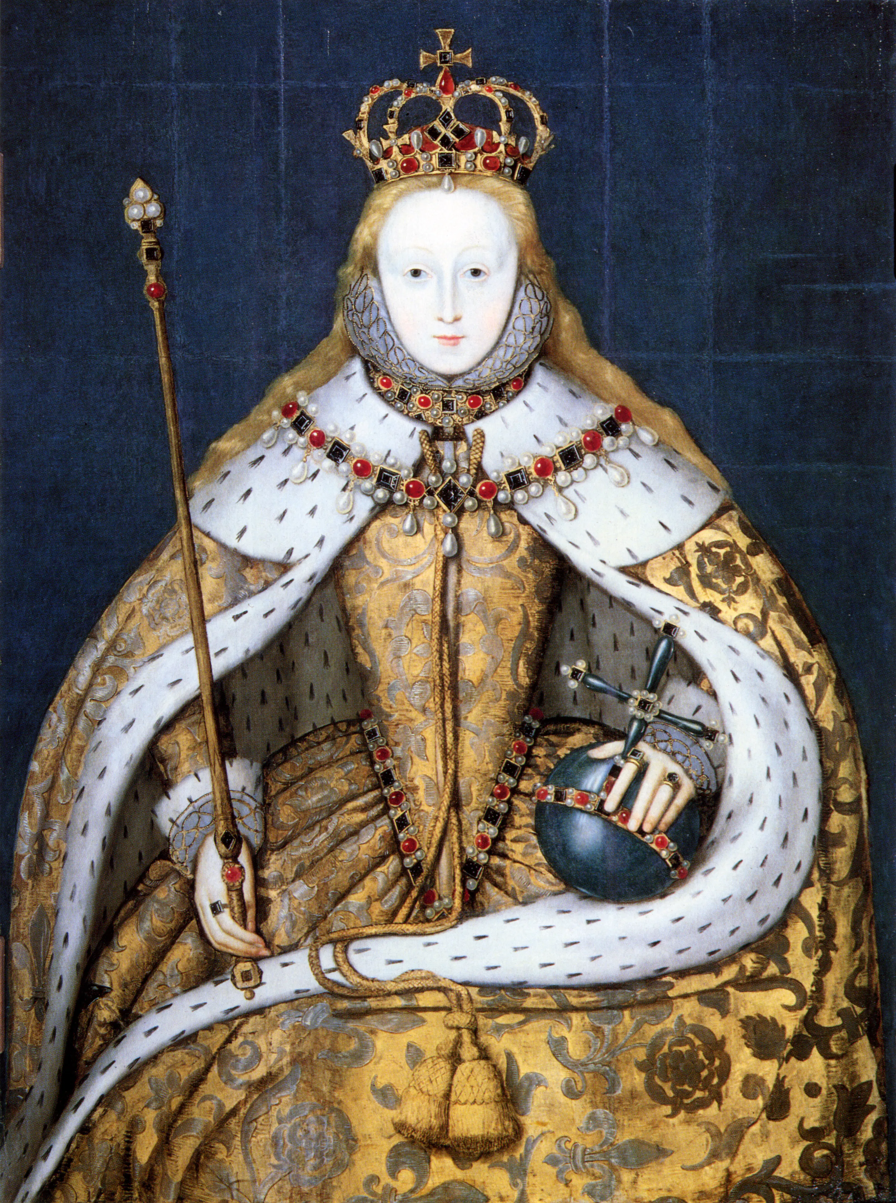 Elizabeth I in coronation robes: a portrait of the sovereign whose supremacy over the English Church Stapleton's oration recasts, through 2 Thessalonians, as a woman seated in the temple of God, prescribing the form of religion and making laws.