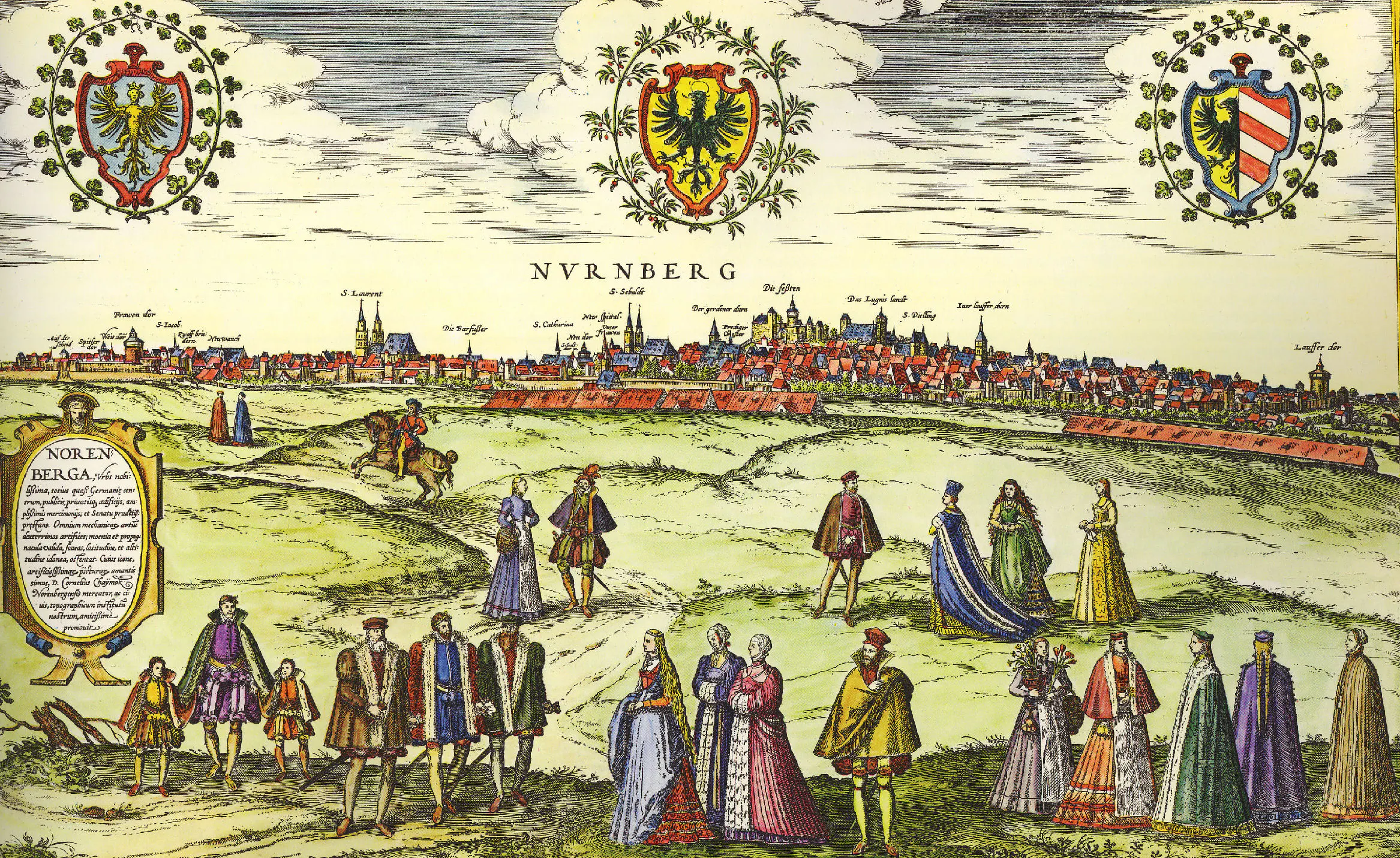 Braun and Hogenberg’s city view presents Nuremberg as a fortified, densely built urban centre long before Wolfgang Moritz Endter issued Sturm’s Physica electiva there in 1722: a major printing city whose authority also extended to Altdorf, where Sturm held his chair.