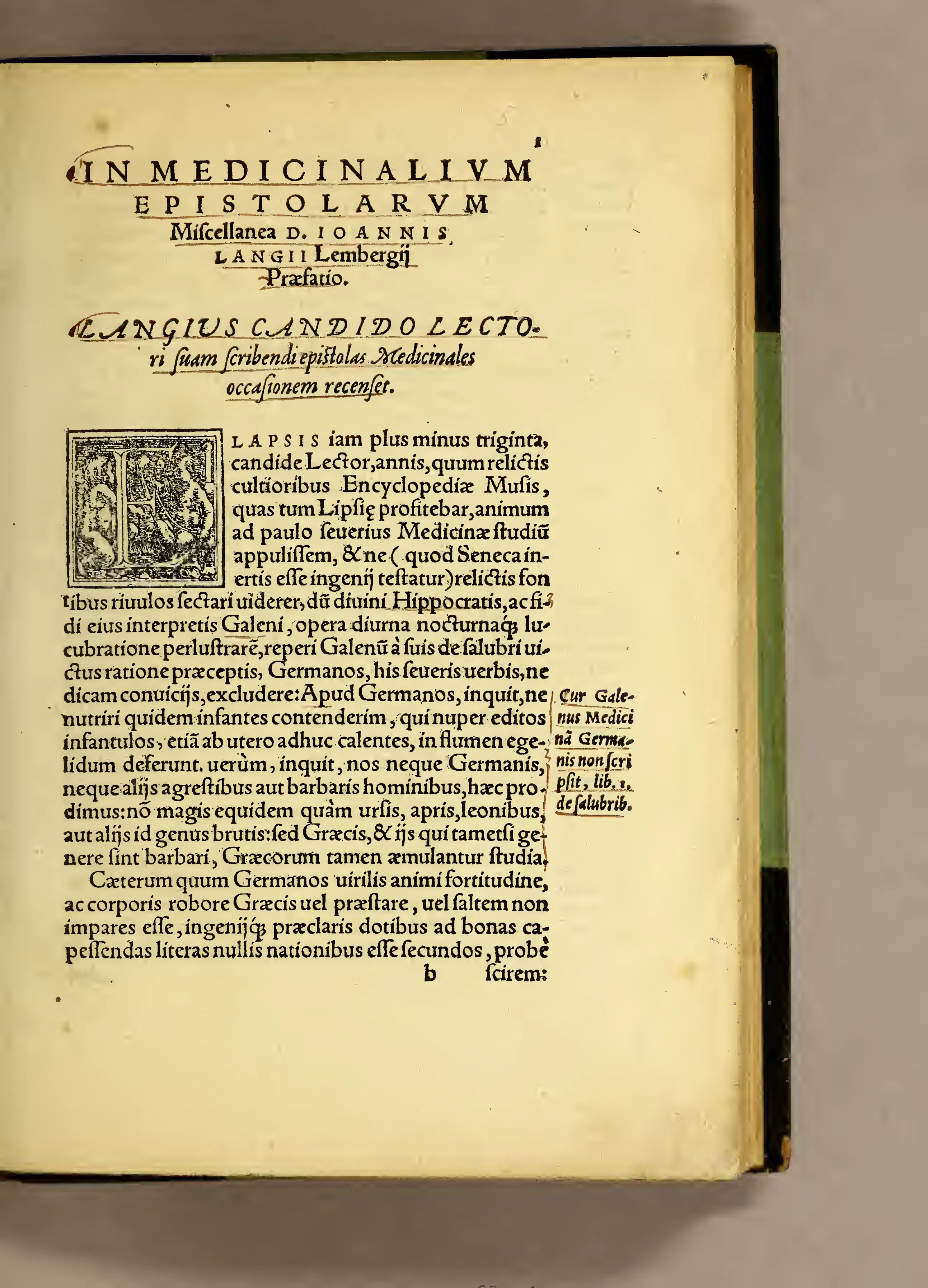 The opening leaf of Lange's Praefatio, where his move from the humanist arts to medicine becomes a rebuttal to Galen.