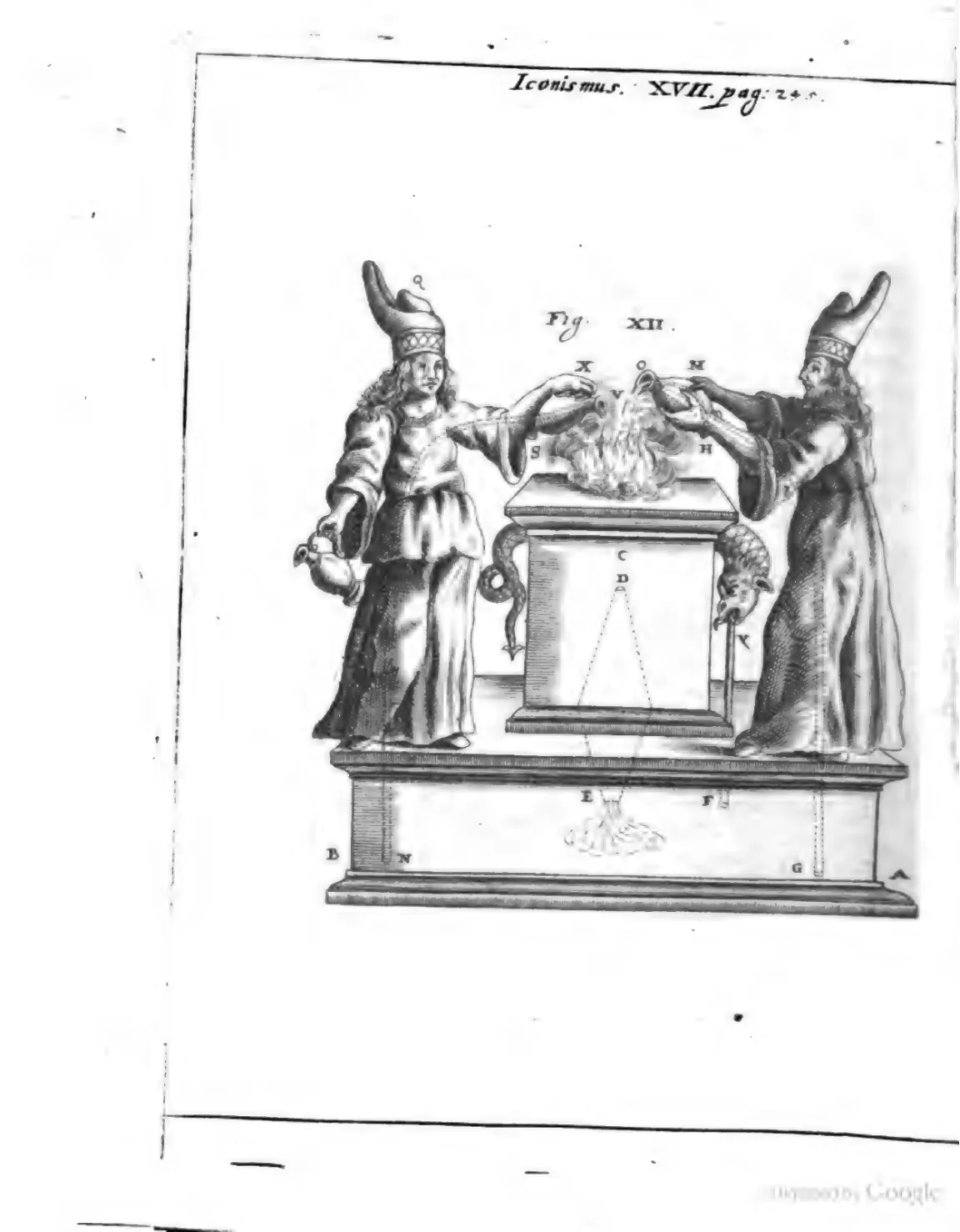 In this engraved plate, priestly figures flank a sacrificial altar whose cutaway pedestal exposes lettered tubes, a serpent-shaped conduit, and a fountain jet—the concealed apparatus behind the staged marvel. Disclosed, the same hydraulic-pneumatic art is natural philosophy; enlisted to make false religion look miraculous, it becomes imposture.