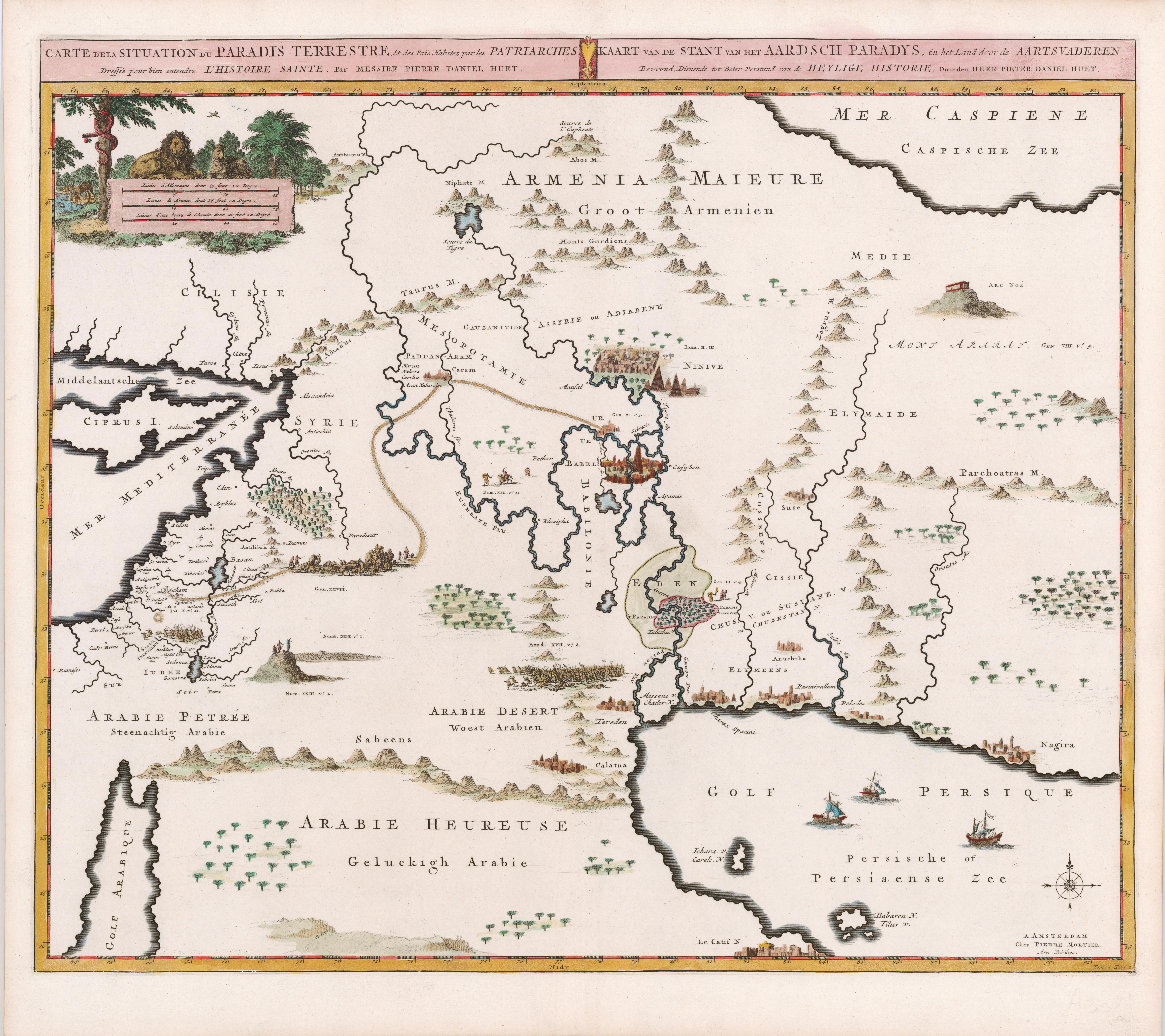 Mortier's *Situation du Paradise Terrestre* (c. 1700) maps Asia as a bounded biblical theatre, marking Eden and Mont Ararat amid the seas, rivers, and gulfs that could make a regional Flood look cartographically plausible — waters that both enclose the inundation and trap a people without ships.