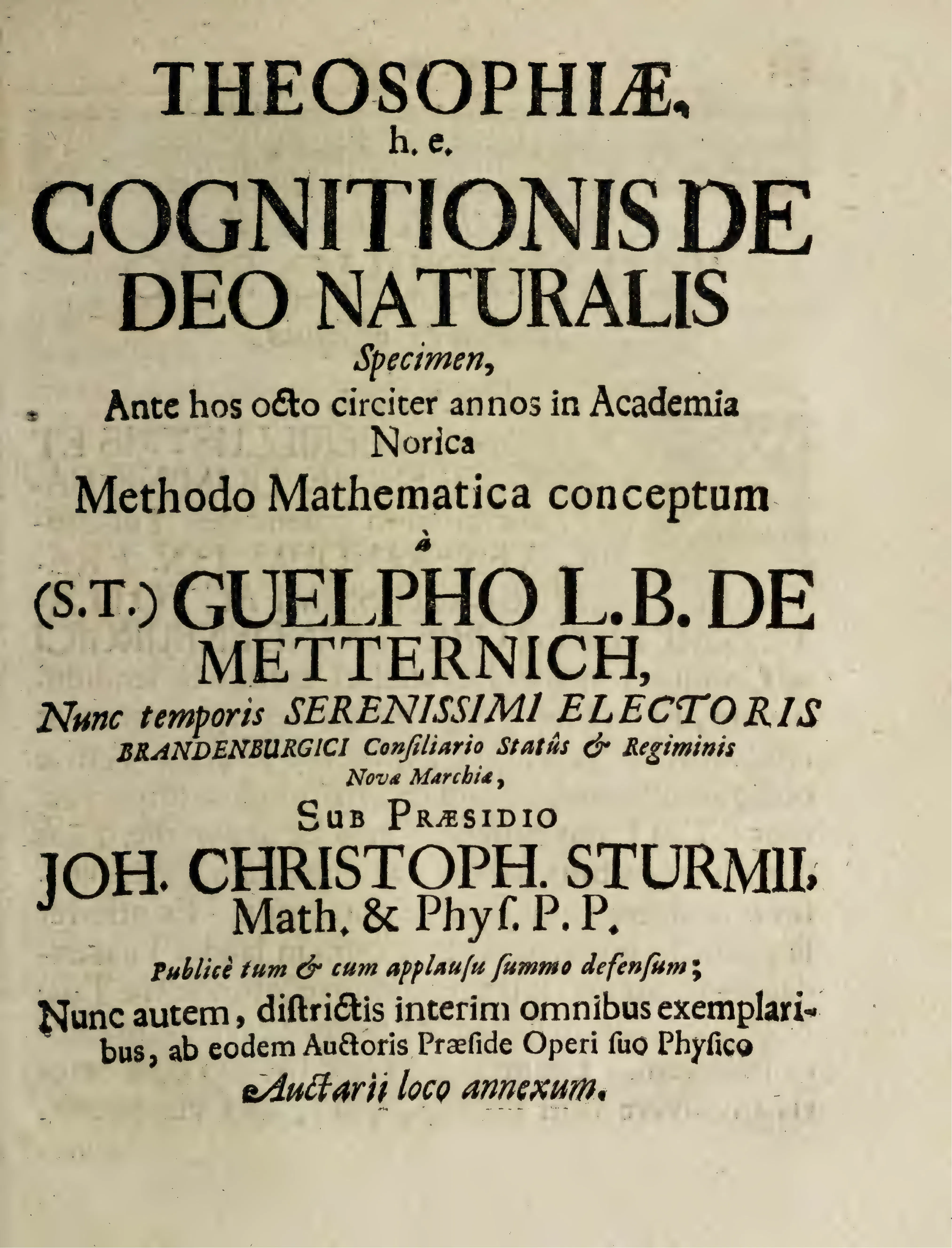 The appended title leaf announces Metternich’s Theosophiae Specimen as natural theology “Methodo Mathematica conceptum,” defended at the Academia Norica under Sturm’s presidency and reissued here “Auctarii loco.” Its printed notice that intervening copies had been suppressed — “districtis interim omnibus exemplaribus” — makes the annex evidence of the specimen’s fragile earlier circulation.