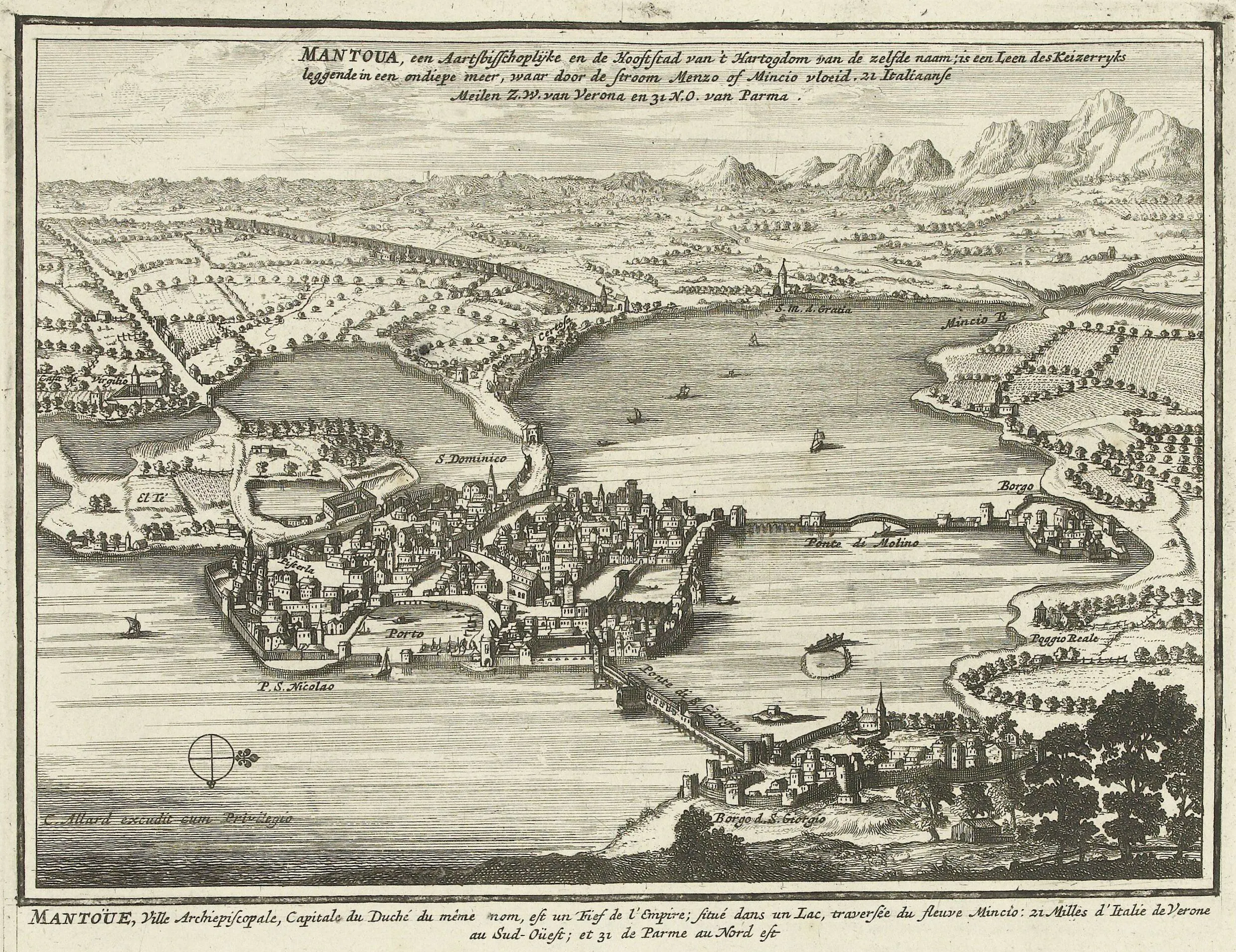 A view of Mantua from c. 1701–1713, attributed to Allard, sets the city amid the lakes and channels of the Mincio. This watery setting framed Ceva's Mantuan career, in which mathematical and fiscal offices preceded the river controversies of his later life.