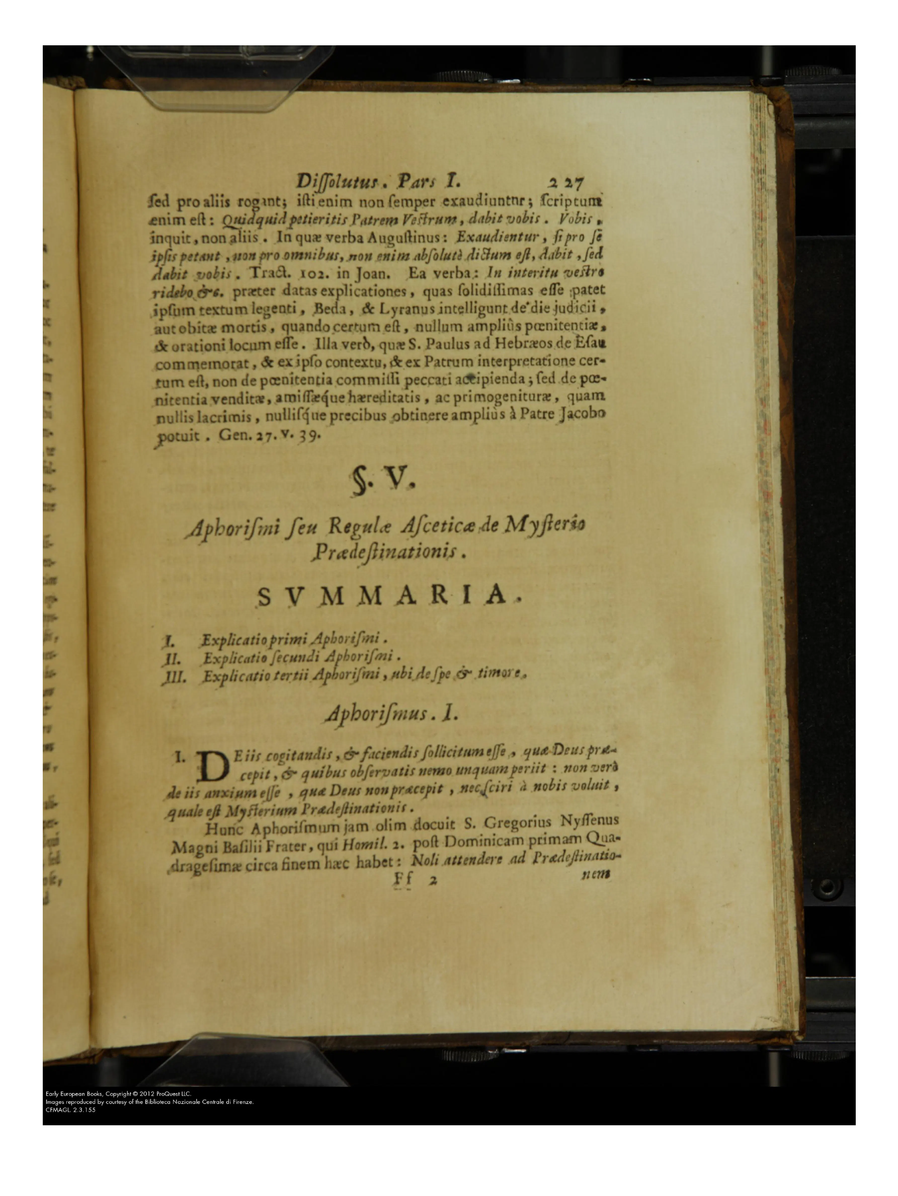 The heading "Aphorismi seu Regulæ Asceticæ de Mysterio Prædestinationis" makes the generic turn visible, recasting predestination as a matter of ascetic rule rather than speculative mastery. Following the printed discussion of prayer, the first aphorism redirects attention from the hidden decree to what God commands to be thought and done.