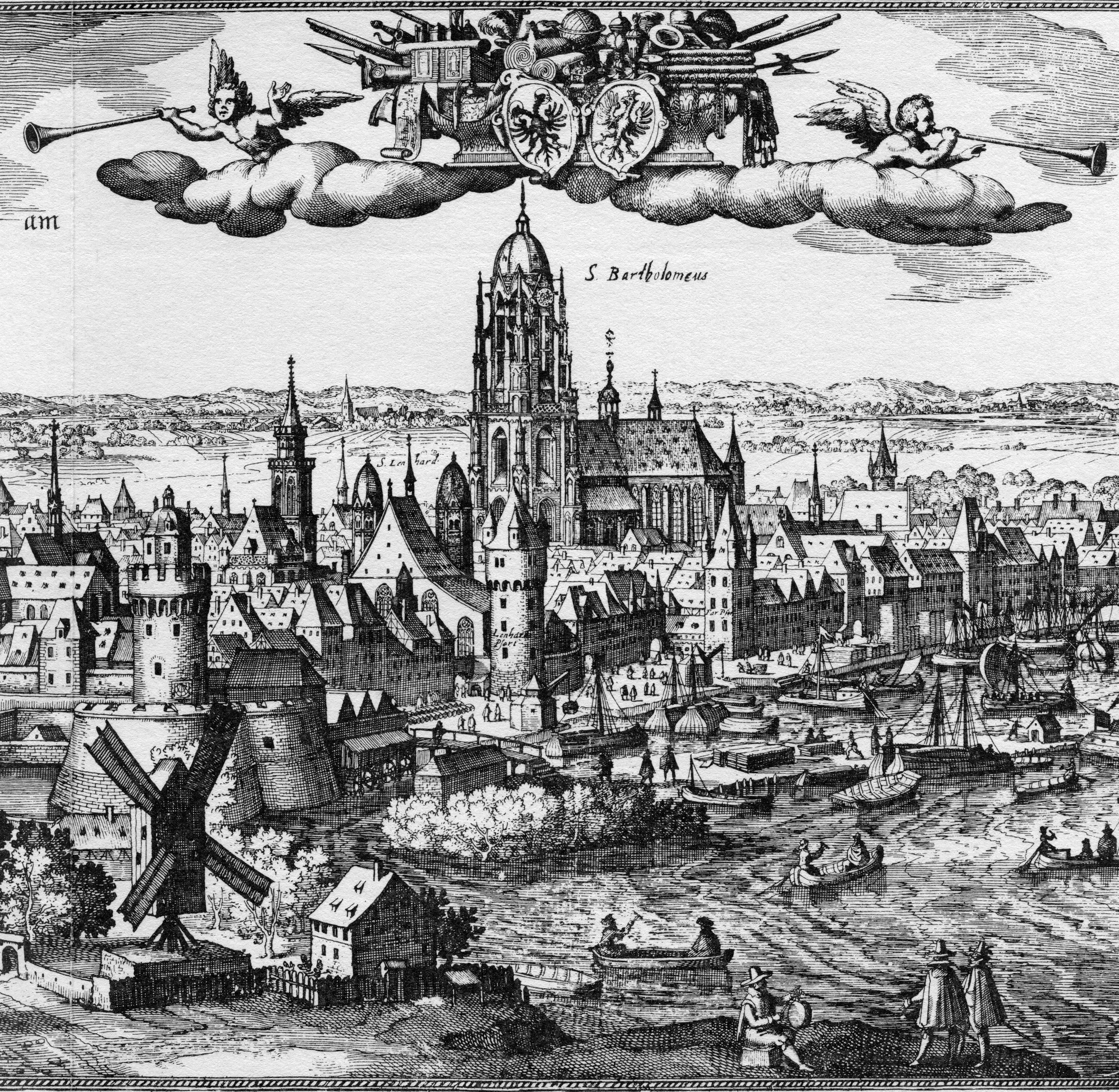 Matthäus Merian's near-contemporary view of Frankfurt am Main situates the 1598 editio princeps in the commercial city that first carried it into circulation.