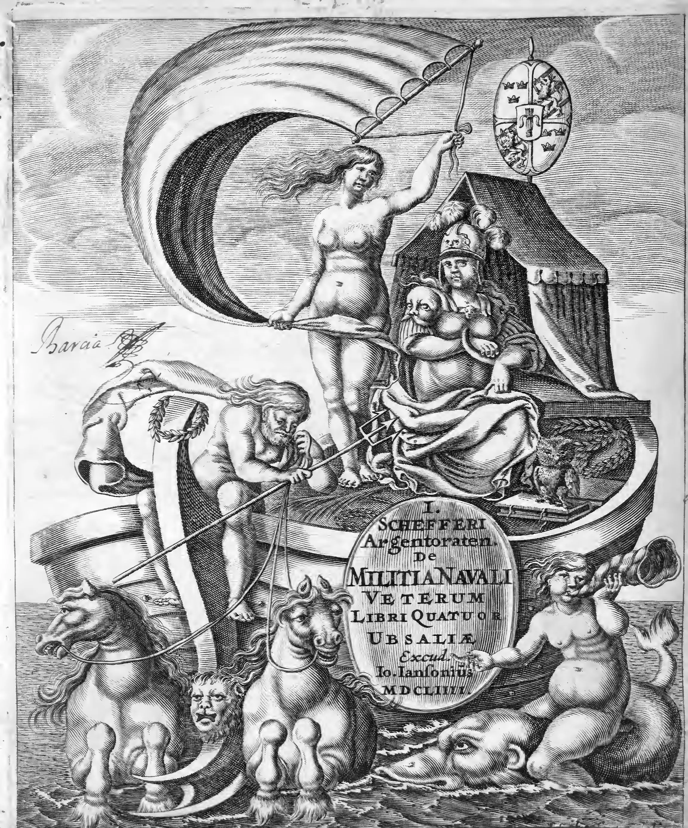 The engraved title page of this copy names De militia navali veterum and carries “UBSALIAE” and “Io. Iansonius,” a name not securely identified. Swedish royal arms, an enthroned martial figure with trident, an ancient vessel, and sea creatures frame its theme of the sea brought under naval order.