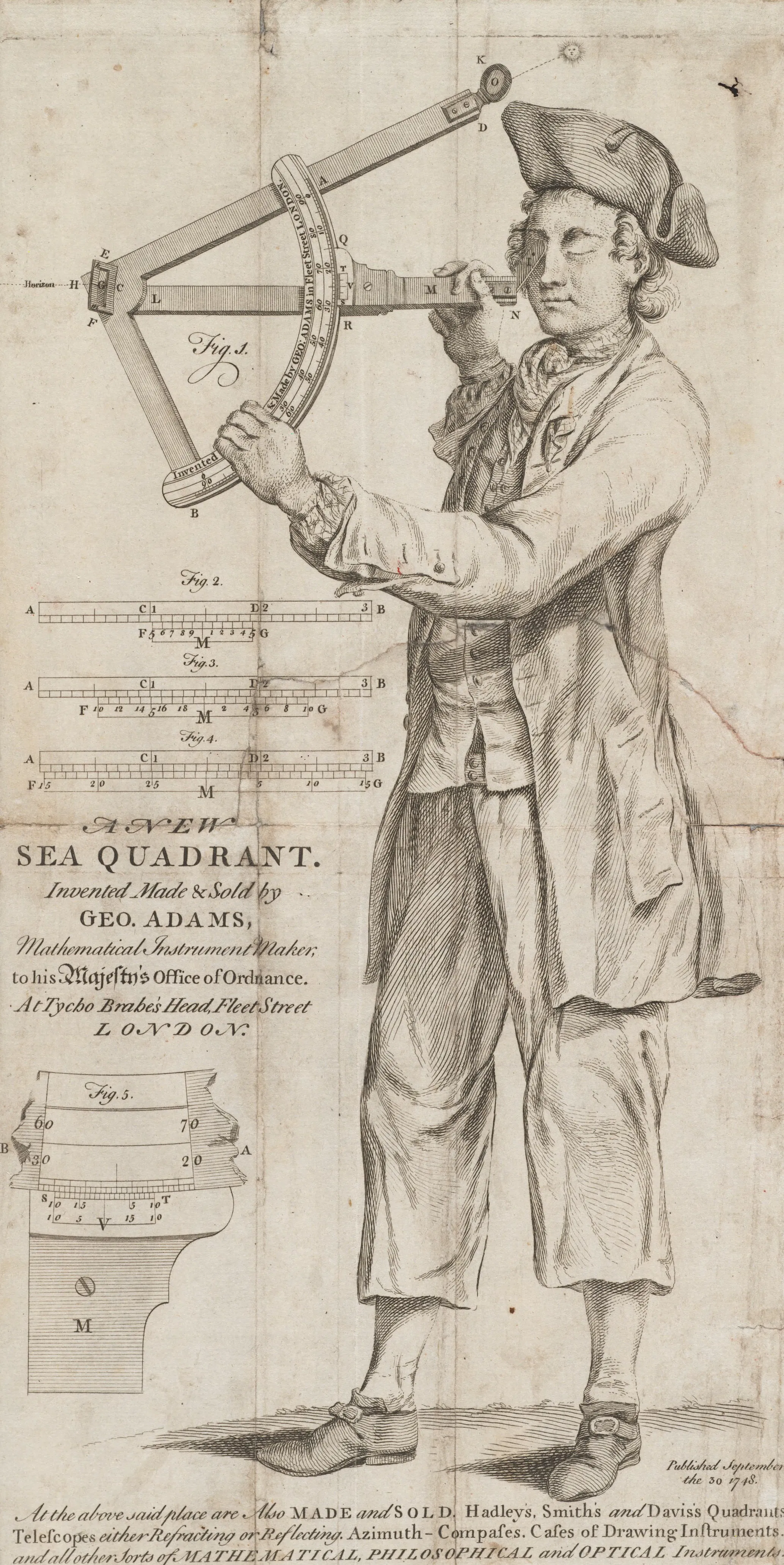 This 1748 engraving from George Adams’s account of a new sea quadrant presents mathematical knowledge as disciplined measurement: a celestial altitude taken from the visible horizon through an instrument, not divined from the heavens as horoscope. Though unconnected to Vitale, it sharpens the force of his opening Norma, where the right-measuring tool stands guard at the threshold between licit geometry and suspect astral speculation.