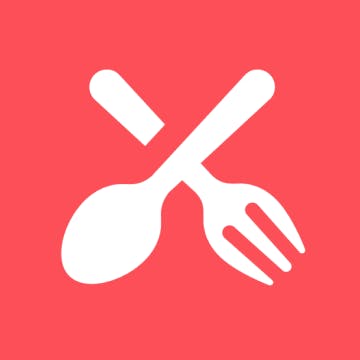 read and white logo depicting an intersecting spoon and fork