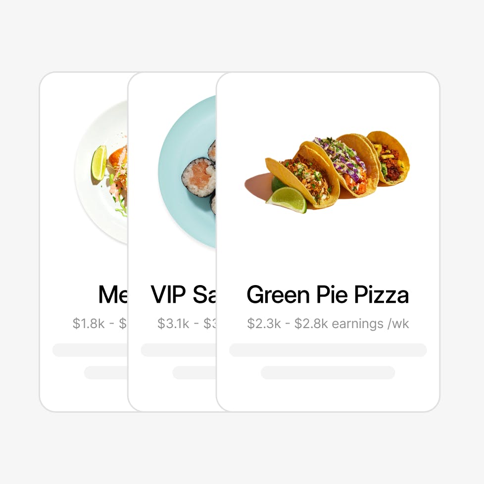Floating cards showing various food items