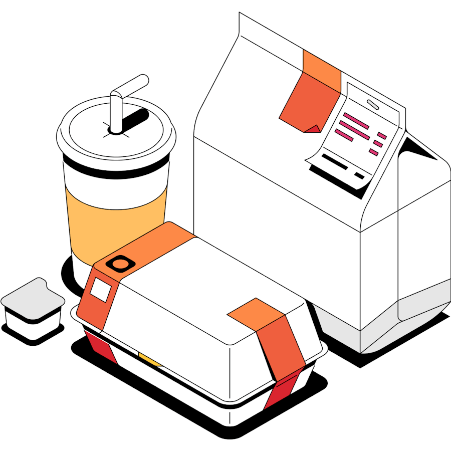 illustration of a take out bag, take out box, soft drink cup, and condiment package 