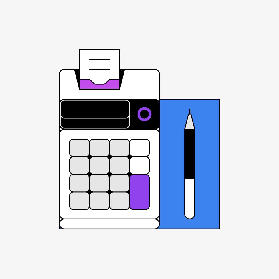image of a white calculator with purple accents next to a black and white pen on a blue background