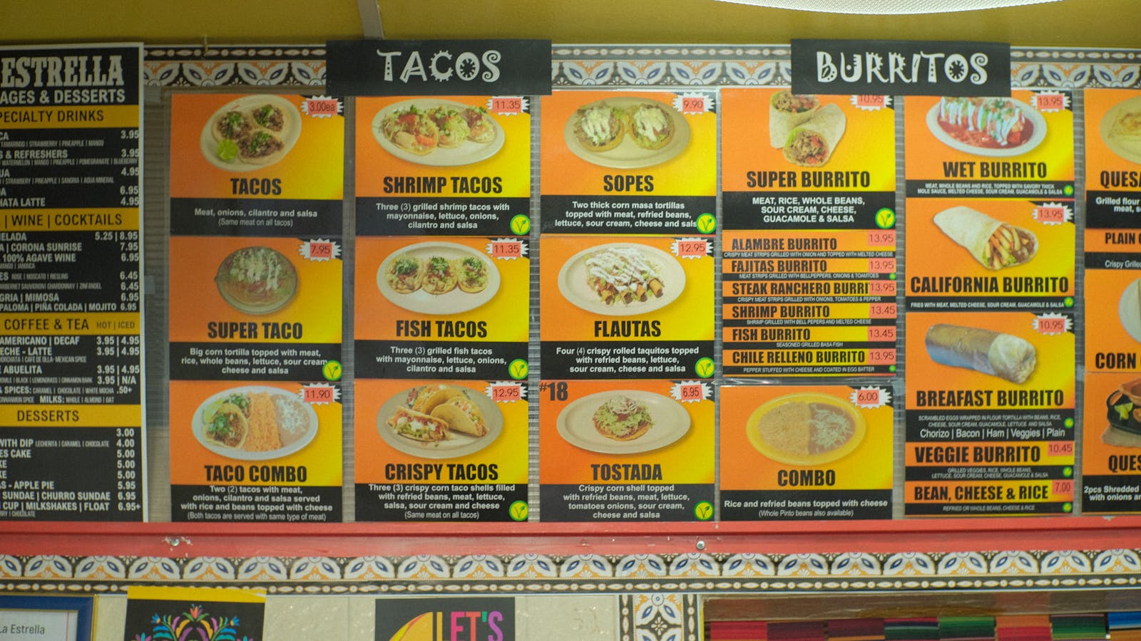 The menu at Taqueria La Estrella in the Bay Area.