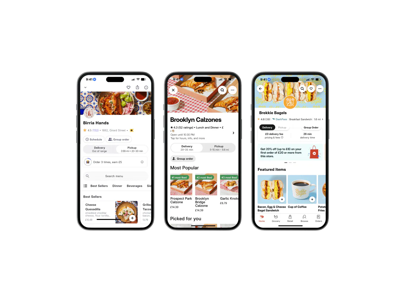 Image of three mobile phones displaying the menu of various Otter virtual brands