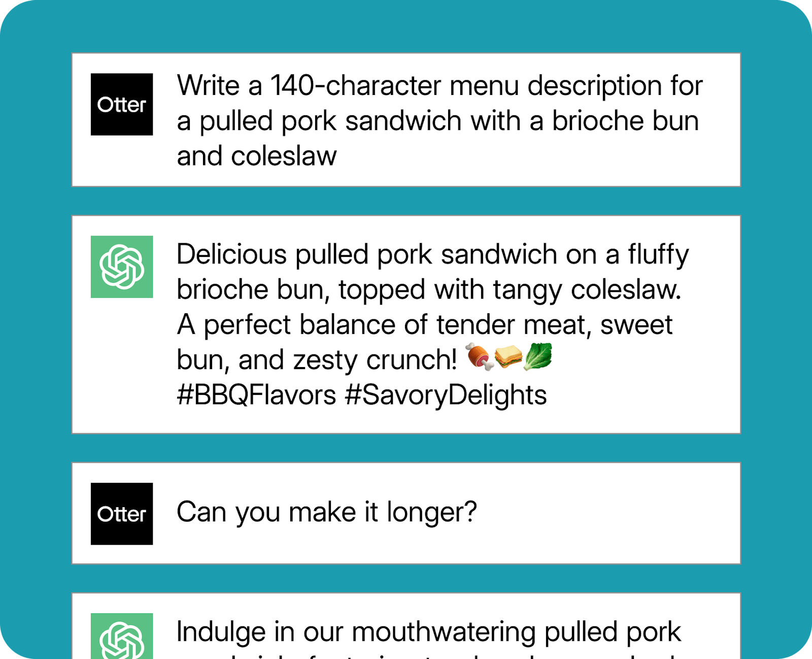 An example ChatGPT prompt for restaurant menu item updates.