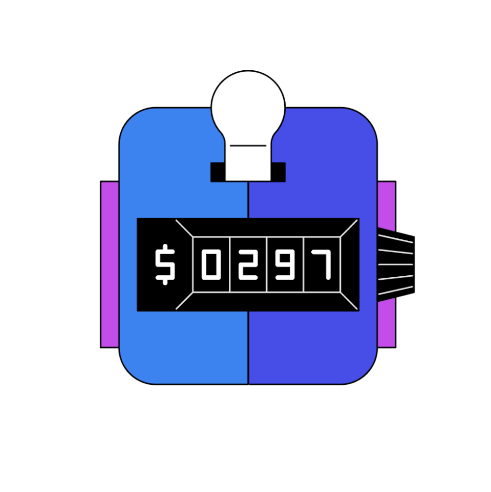 A purple, blue, and magenta illustrated counter