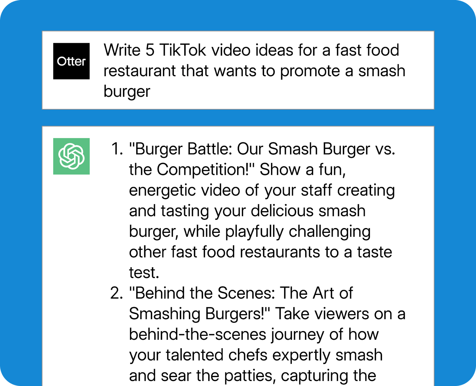 An example ChatGPT prompt for restaurant-focused TikTok ideas.