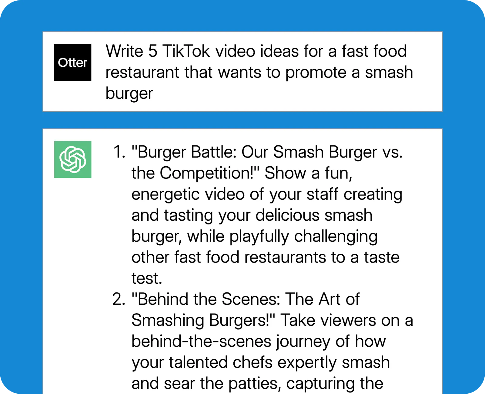 An example ChatGPT prompt for restaurant-focused TikTok ideas.