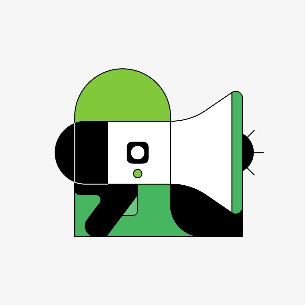 Abstract illustration of a megaphone in green, white, and black