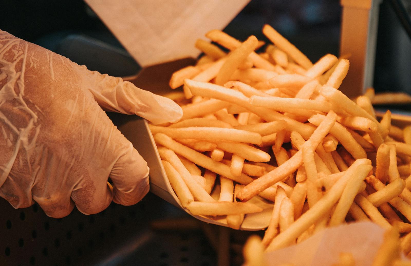 A meal from a french fries food truck. 