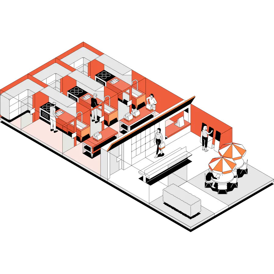 Illustrated restaurant with orange highlights