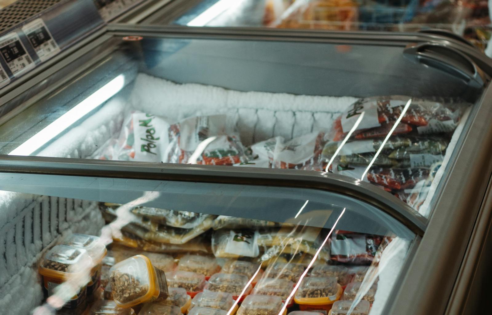 Frozen food FMCGs in a grocery store.