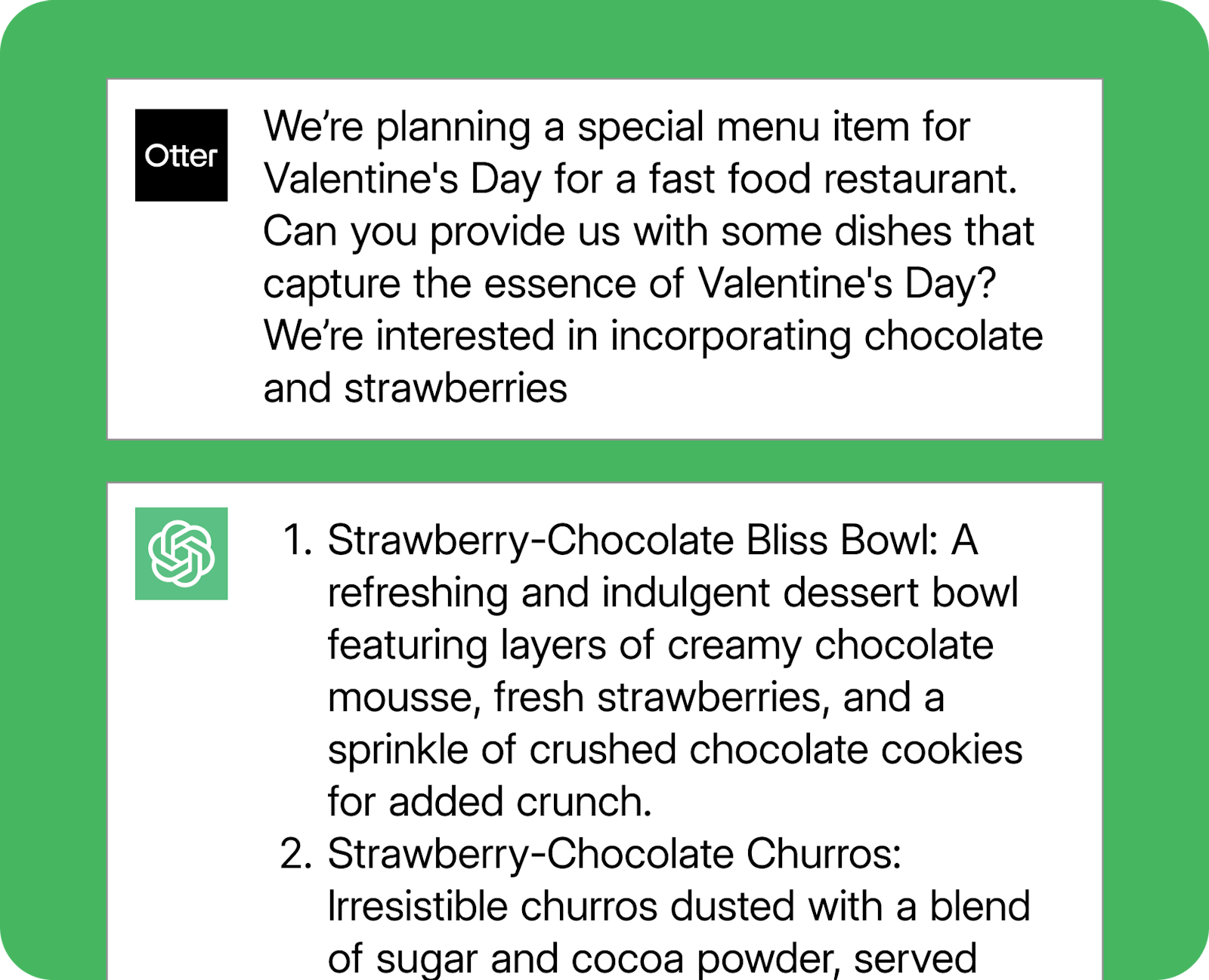 An example ChatGPT prompt for restaurant-focused event menus. 