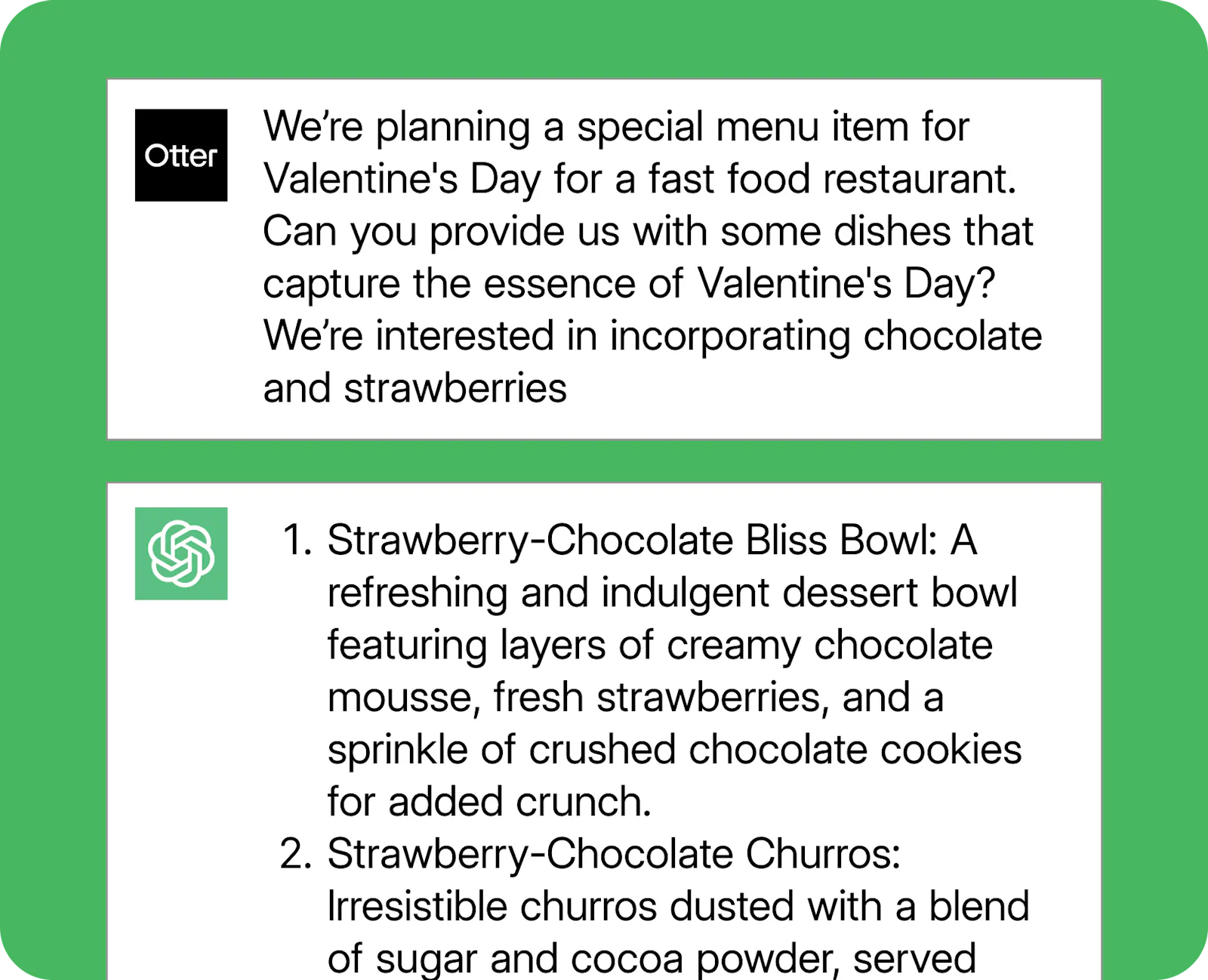 An example ChatGPT prompt for restaurant-focused event menus.