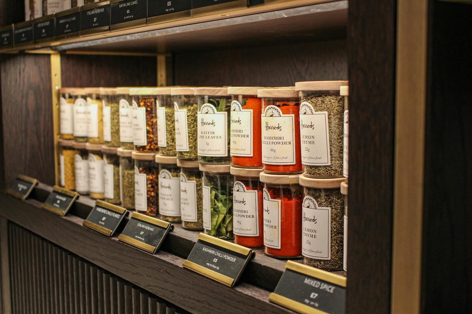 A shelf of spice FMCGs. 