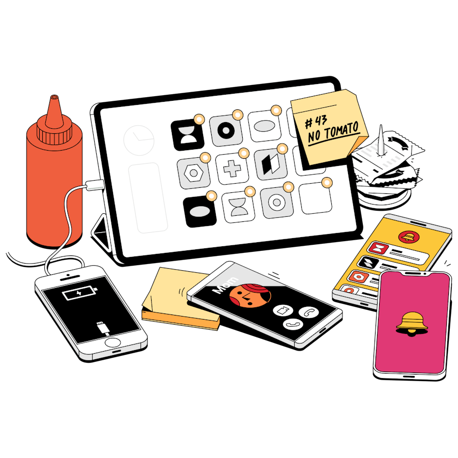Illustration of tablet, multiple mobile phones, receipts, ketchup bottle, and various food items