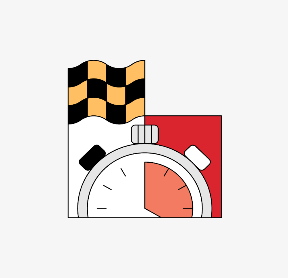 Colorful abstract graphic of a stopwatch and racing flag.