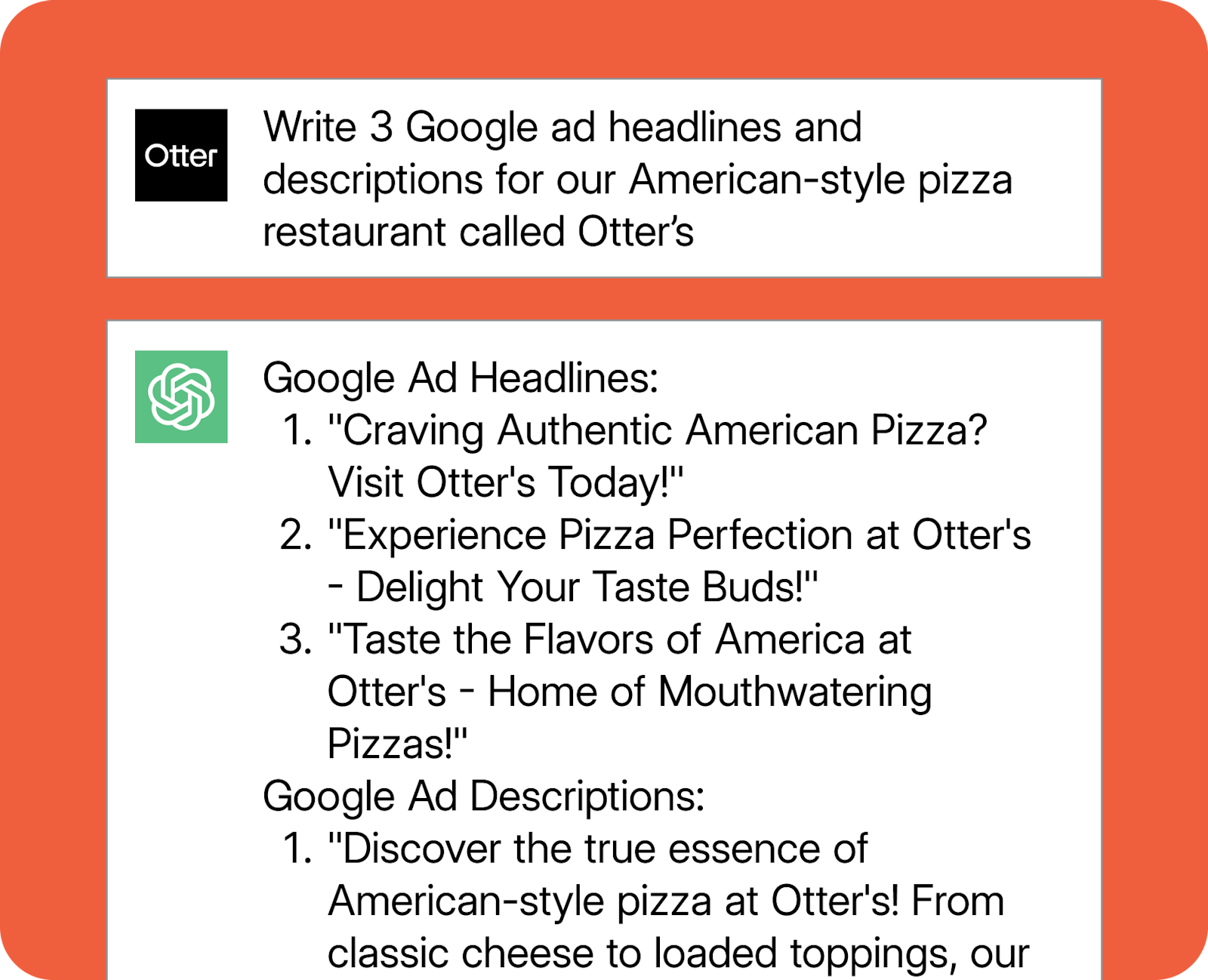 An example ChatGPT prompt for restaurant ad copy. 