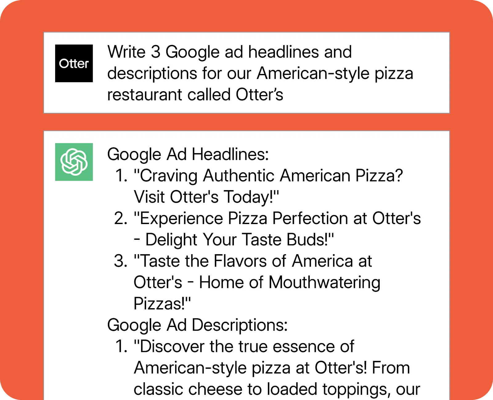 An example ChatGPT prompt for restaurant ad copy.