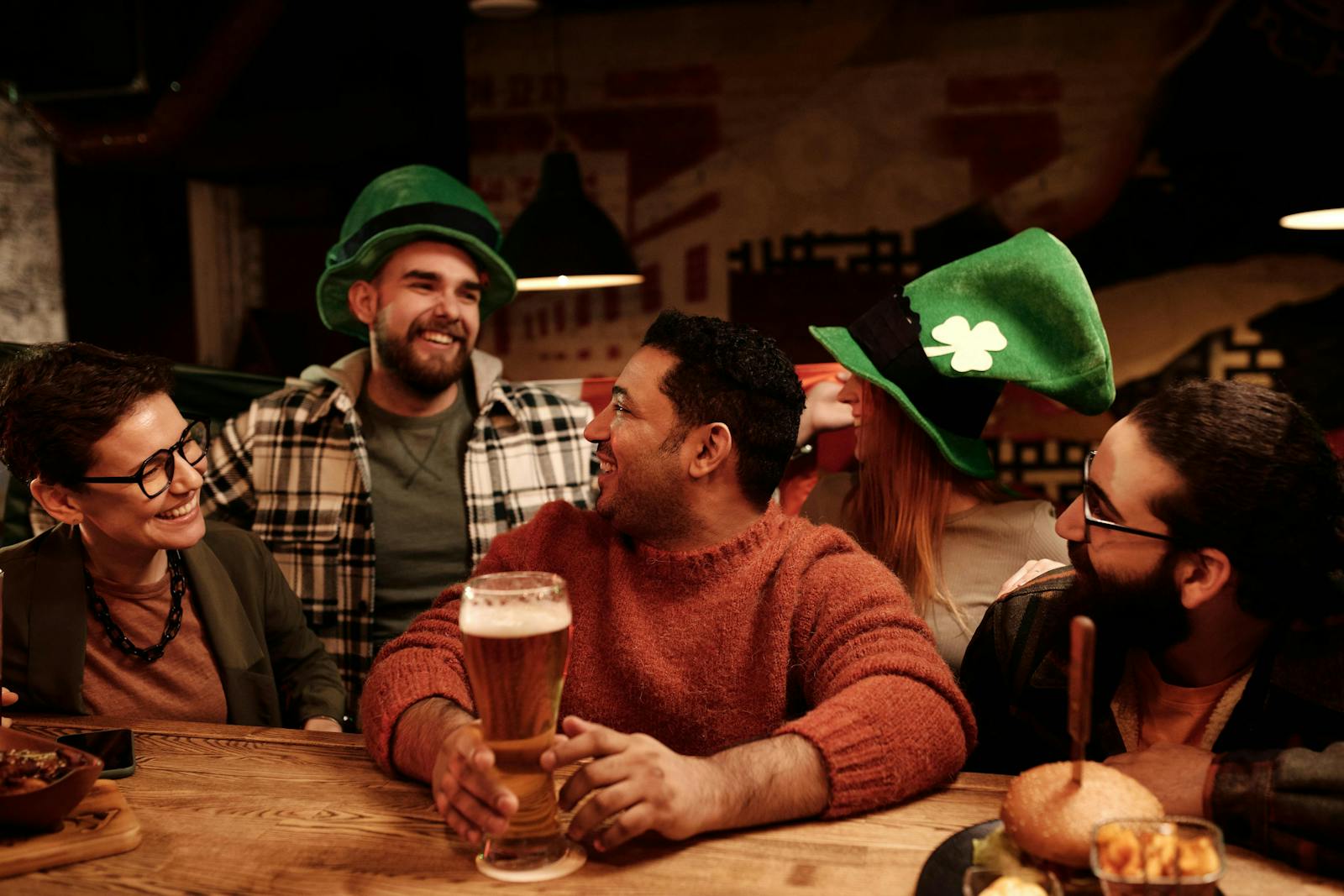 Customers at a restaurant on St. Patrick's Day. 