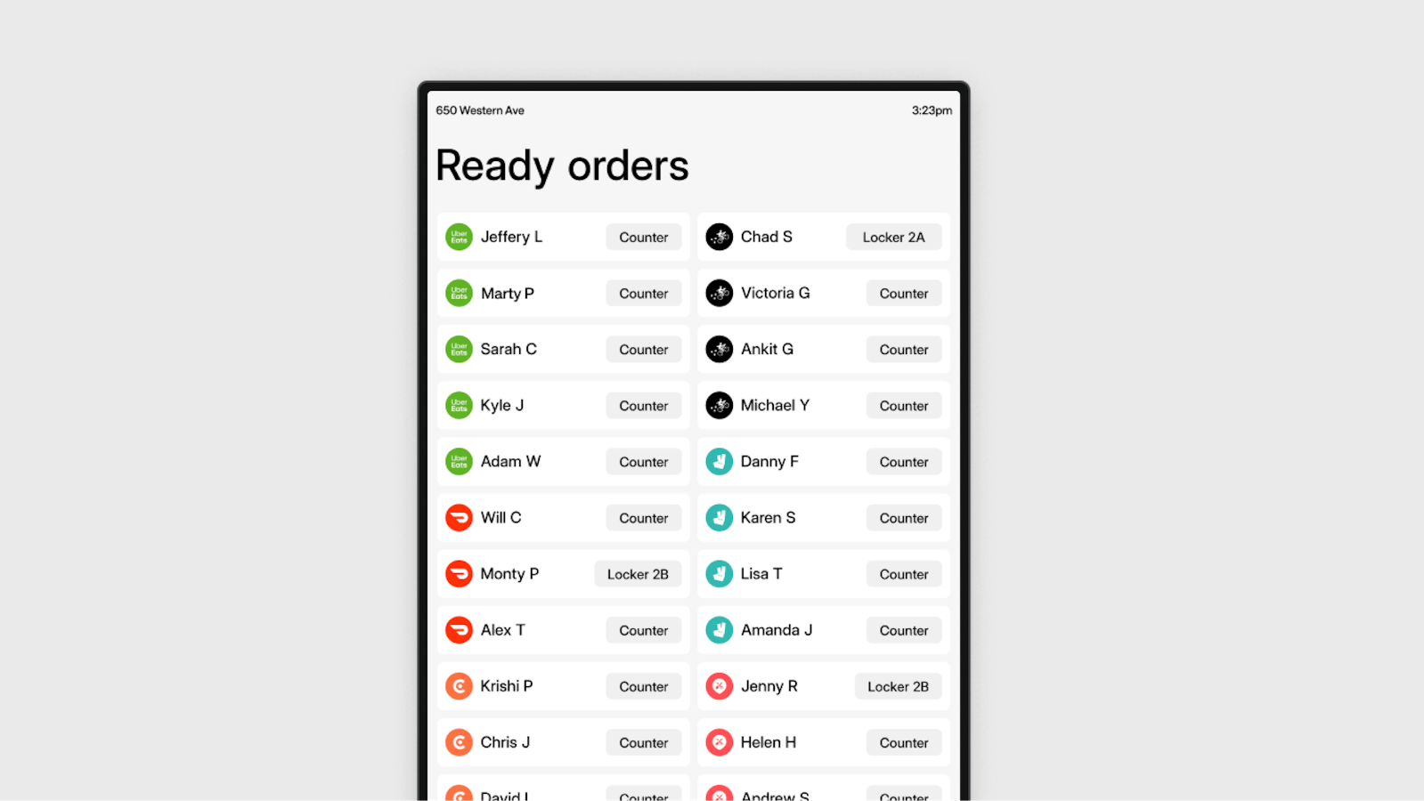 Device screen displaying ready orders by name and order location