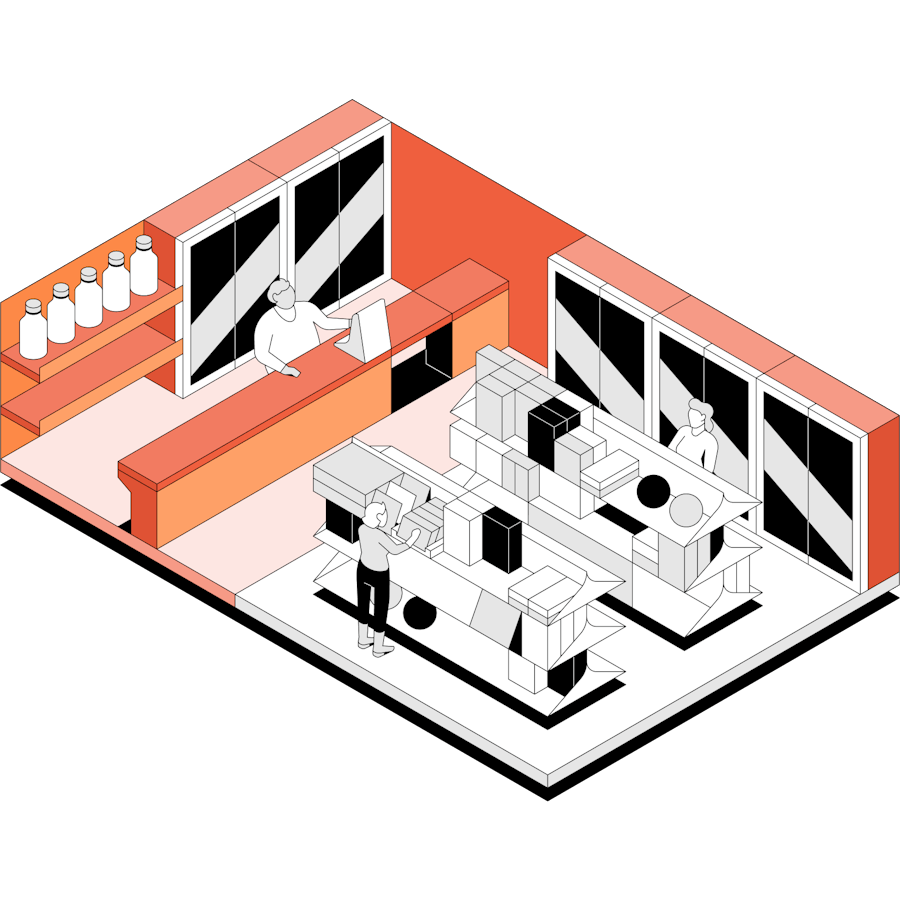 Illustrated grocery store with orange highlights