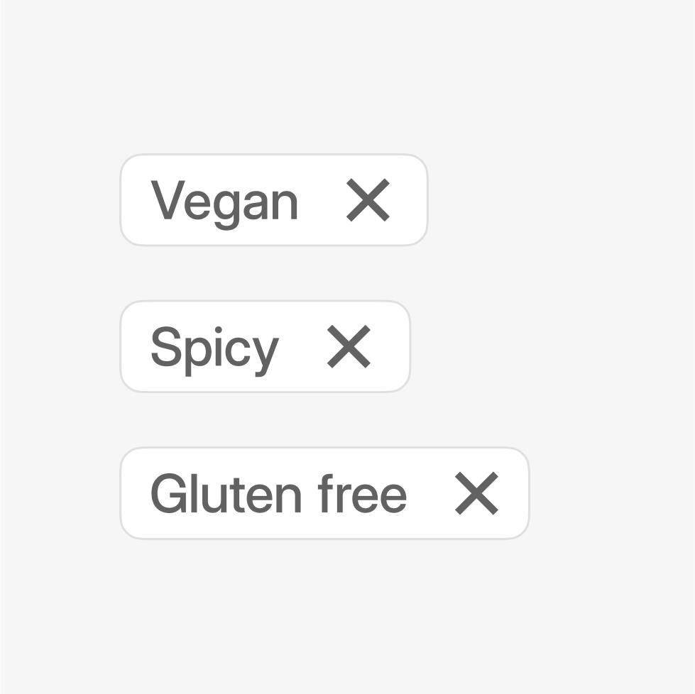 Example tags showing options like Vegan, Spicy, and Gluten free
