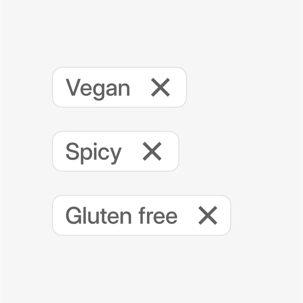 Example tags showing options like Vegan, Spicy, and Gluten free